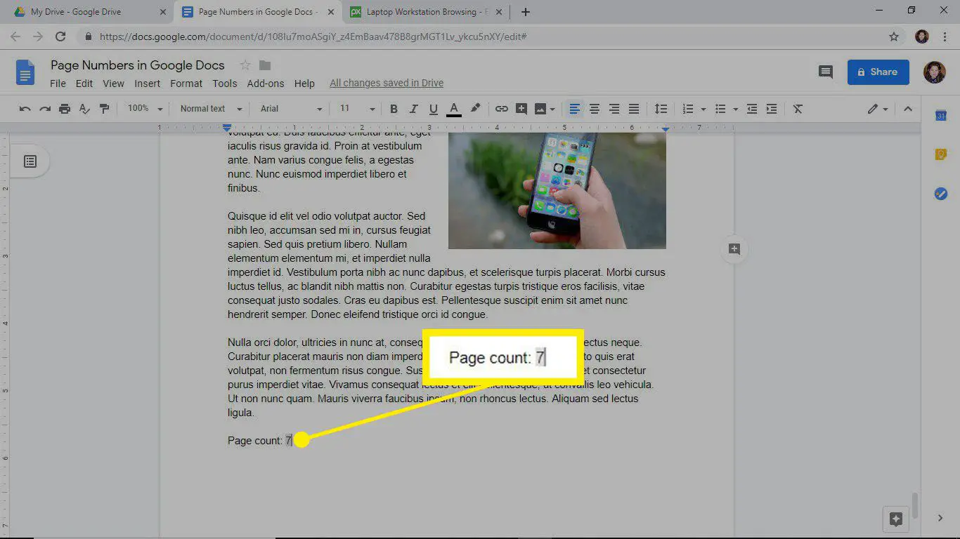 Adicionar uma contagem de página a um documento no Google Docs