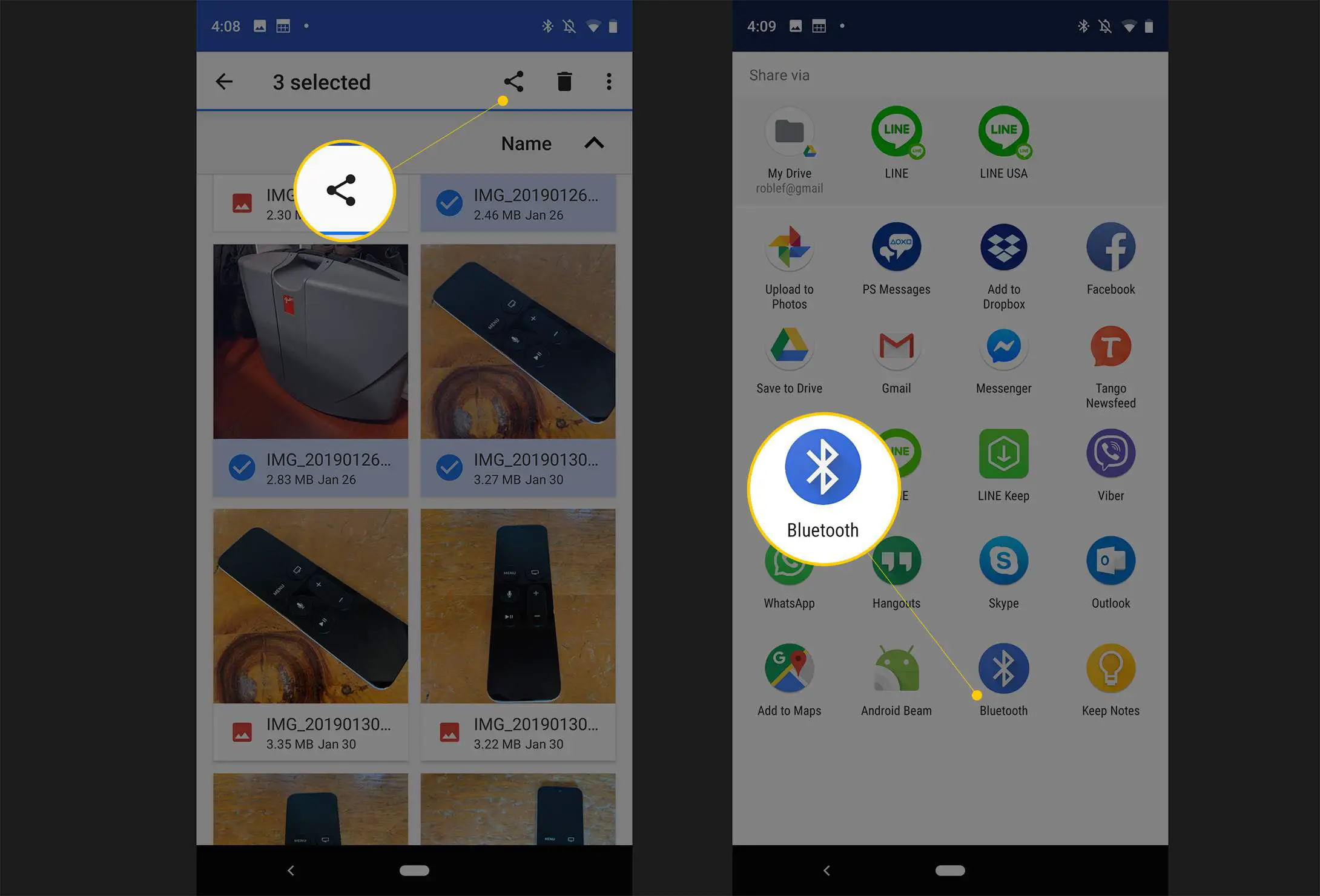 Botão de compartilhamento e ícone de Bluetooth ao compartilhar arquivos em um smartphone Android padrão