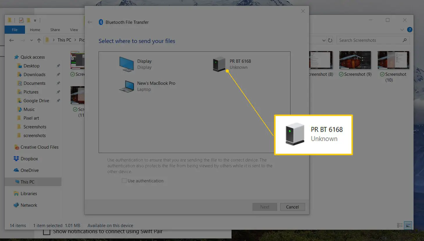 Dispositivo selecionado para enviar arquivo Bluetooth no Windows 10