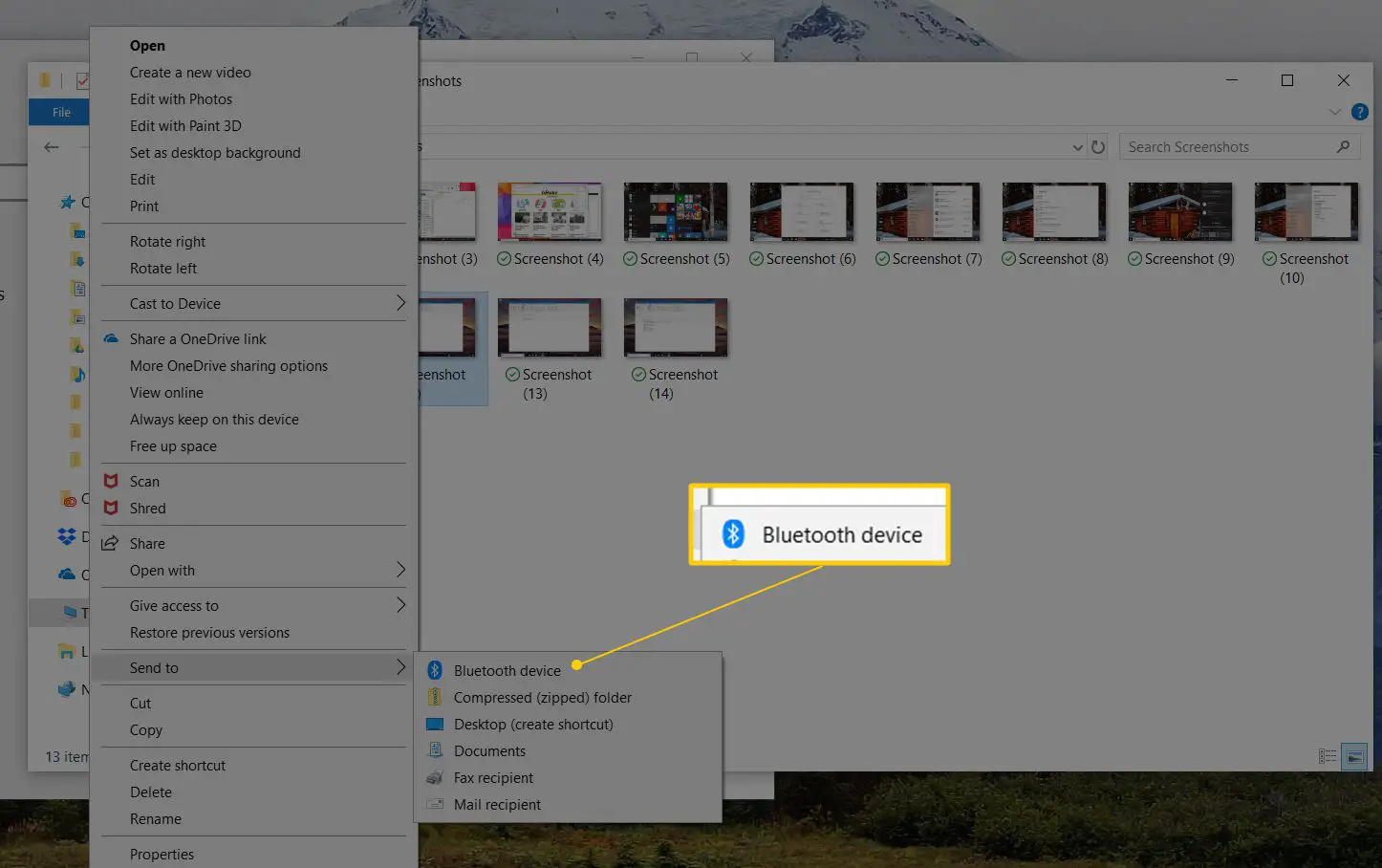 Menu do botão direito do mouse Enviar para dispositivo Bluetooth no Windows 10