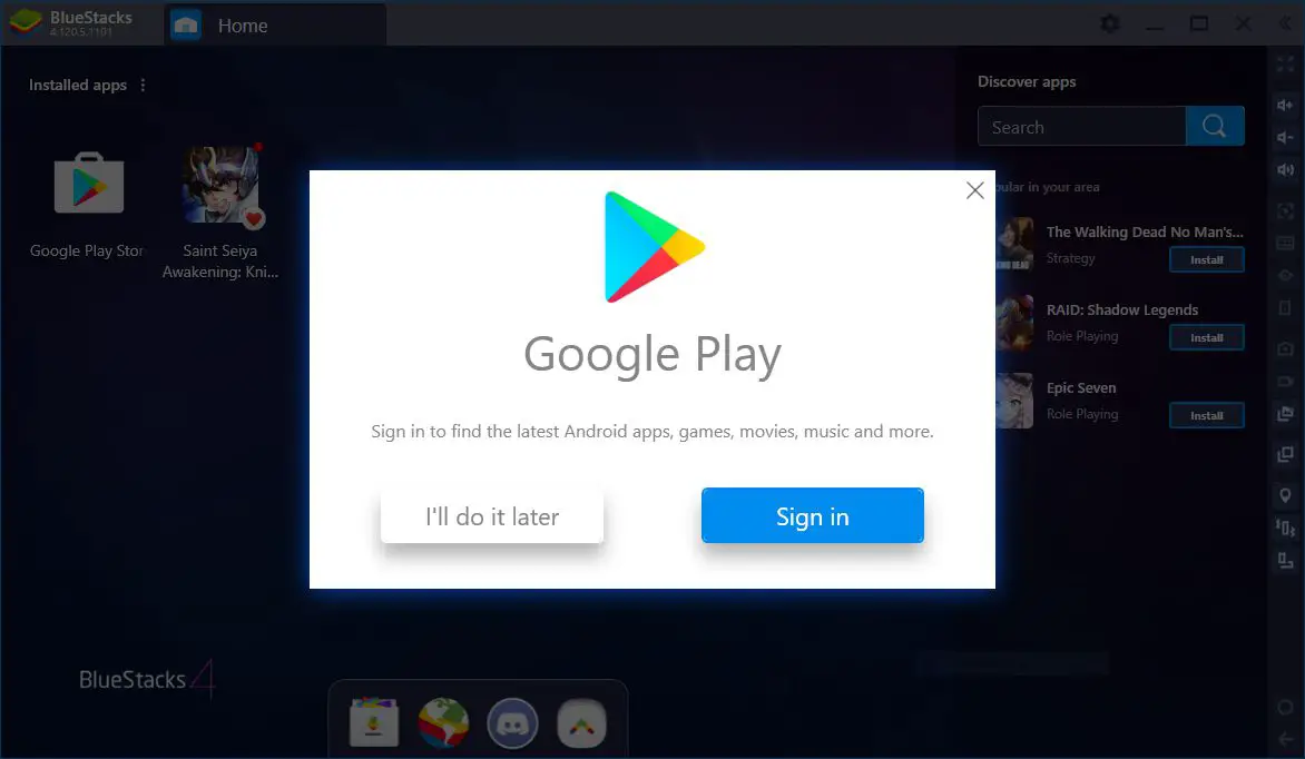Opção de instalação para o Google Play: "Entrar" ou "Eu vou fazer isso mais tarde"