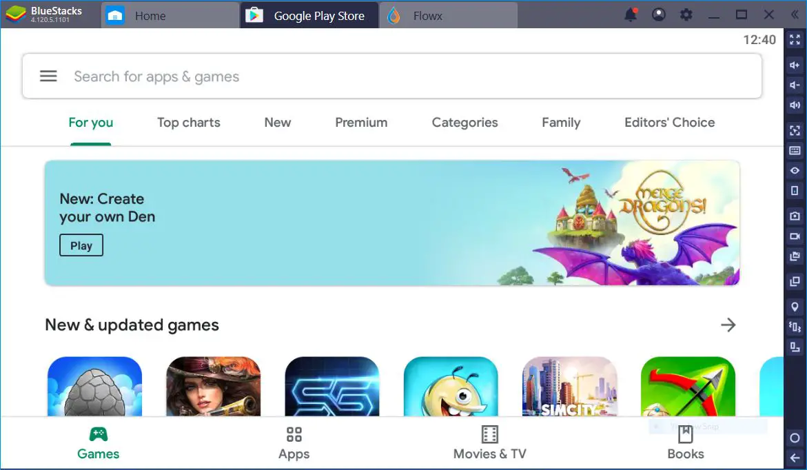 A Google Play Store dentro do BlueStacks (mostra a caixa de pesquisa e "Jogos novos e atualizados" com outros itens de menu, como "Para você", "Tabelas principais", "Novo" etc.)