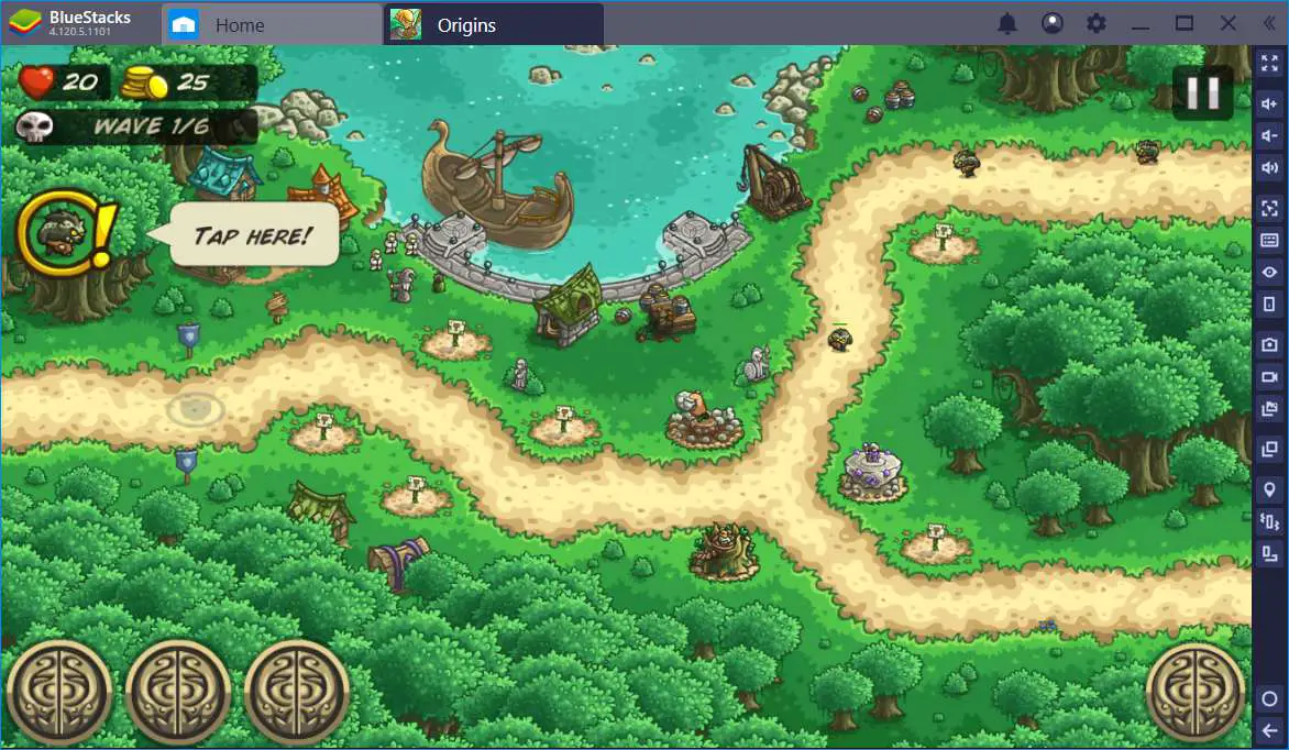 BlueStacks, mostrando o jogo Kingdom Rush Origins em uma guia, com a guia Home exibida também.