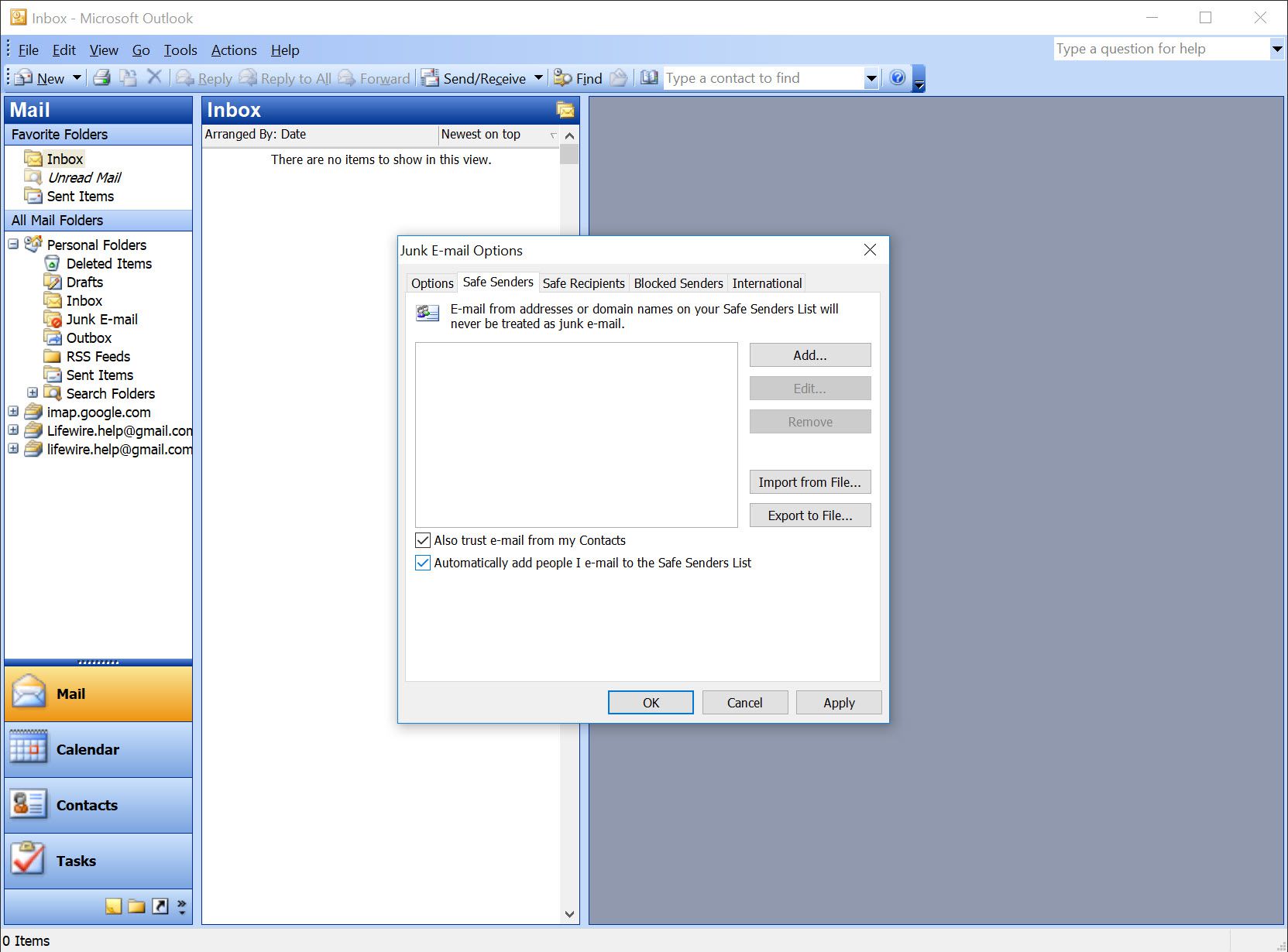 Guia Remetentes Seguros do Outlook 2003 com a caixa de seleção "Adicionar automaticamente pessoas a quem envio e-mail" selecionada
