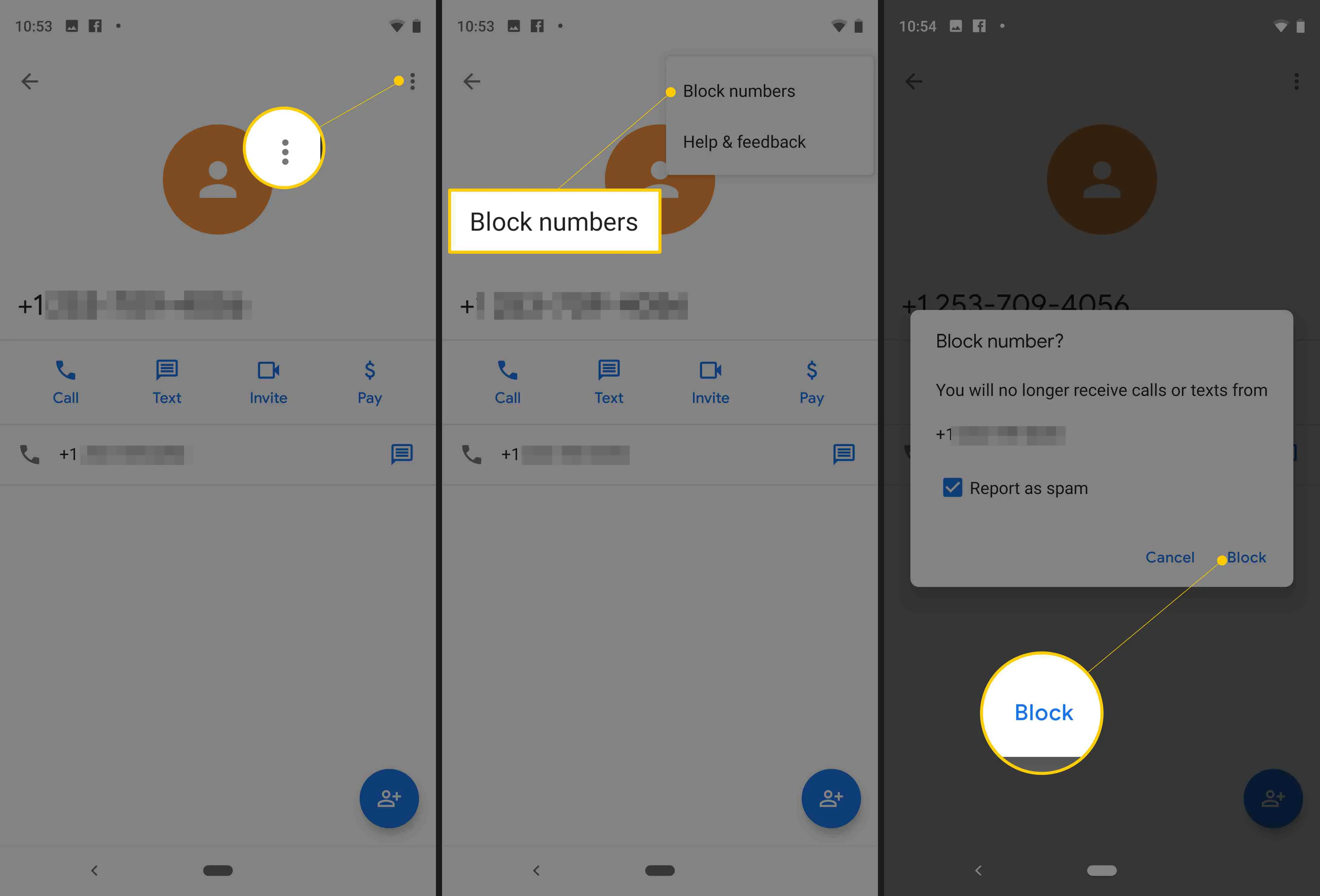Três telas Android do Pixel exibindo menu de pontos verticais, item de menu de números de bloco e botão de bloco