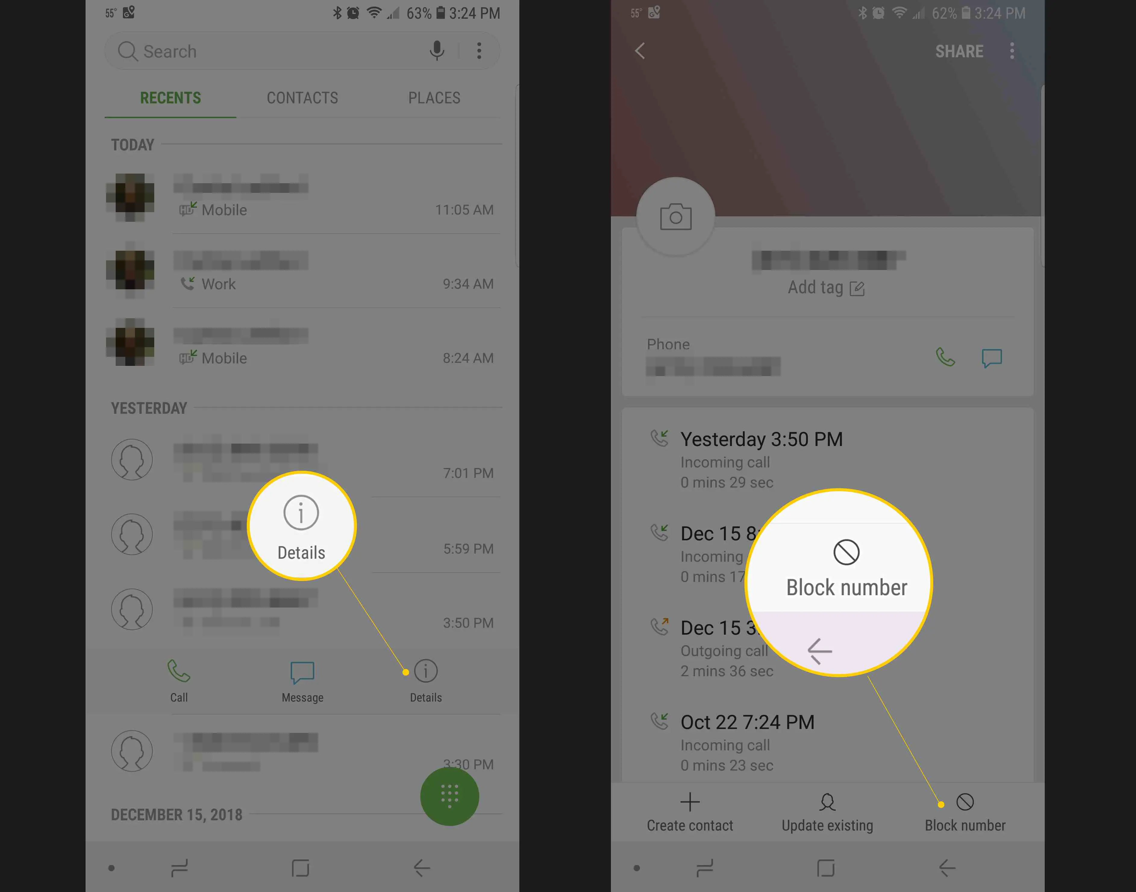 Duas telas Samsung Android, mostrando o botão Detalhes e o recurso Número do bloco