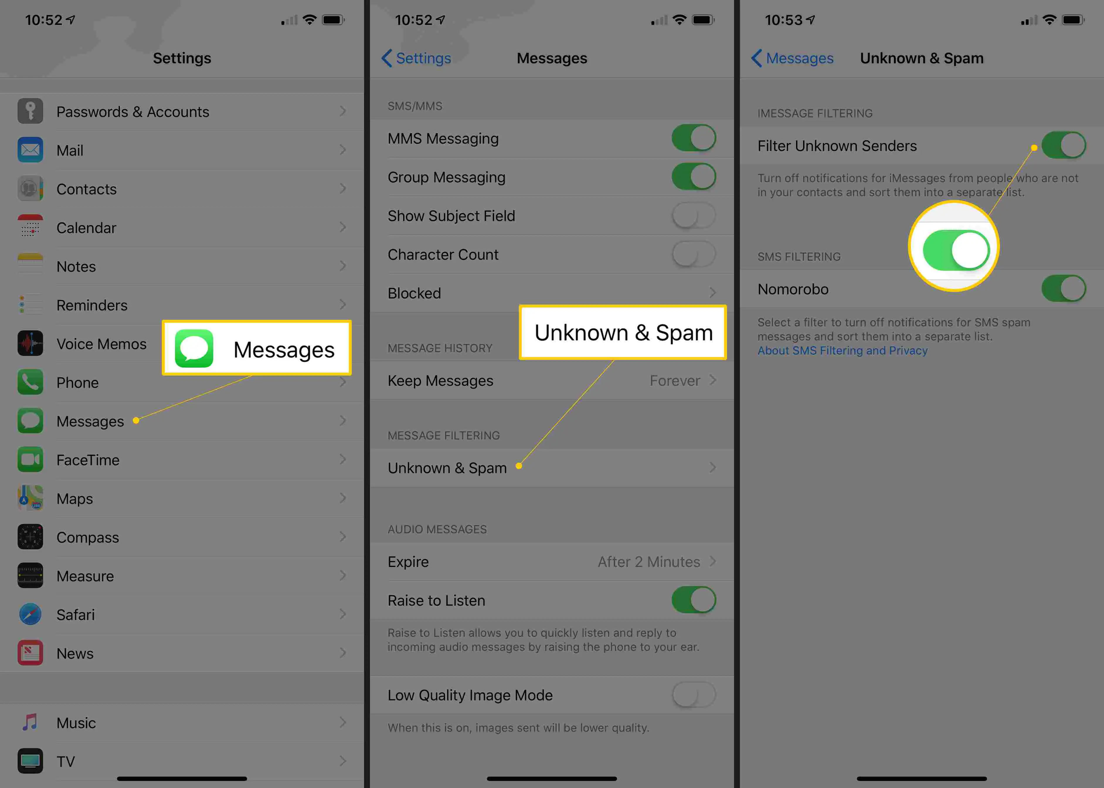 Três telas do iOS exibindo o botão Mensagens, seção Desconhecido e spam e alterne para Filtrar remetentes desconhecidos