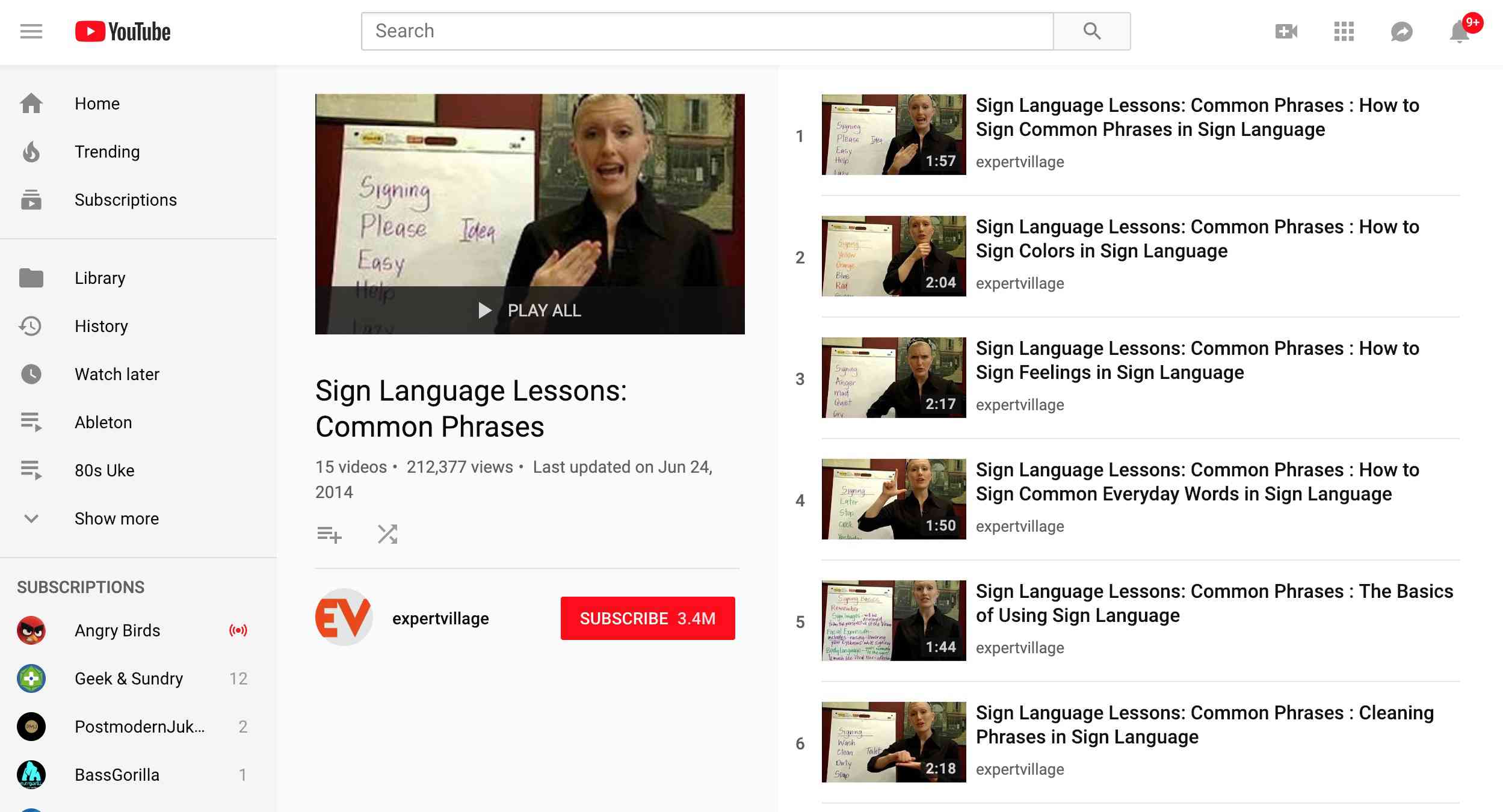Aulas de linguagem de sinais da Expert Village no YouTube