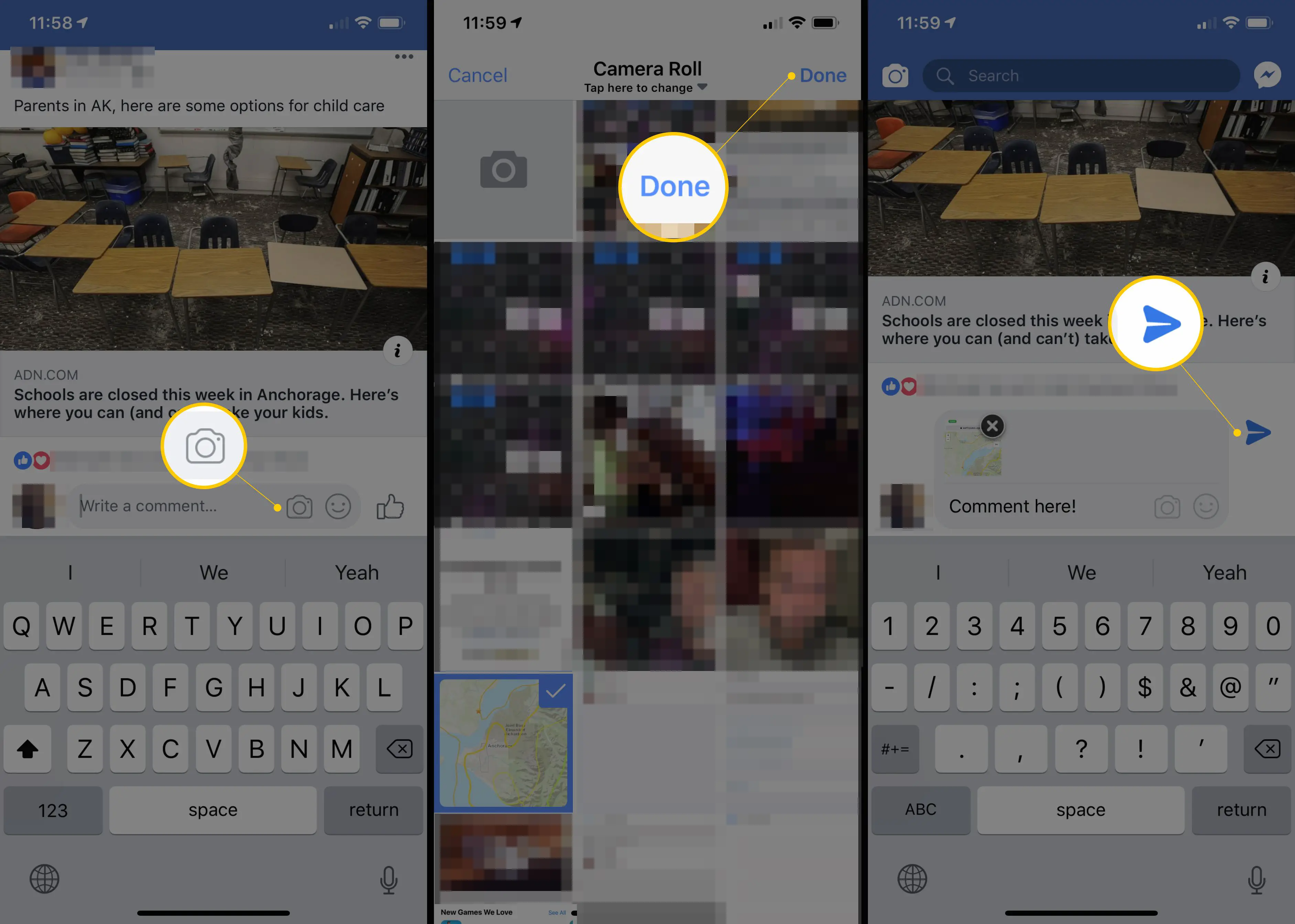 Três telas do iOS do Facebook mostrando o ícone da câmera, o botão Concluído e o botão Enviar