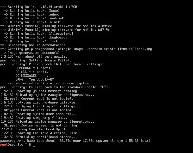 A instalação básica do Arch Linux está concluída.