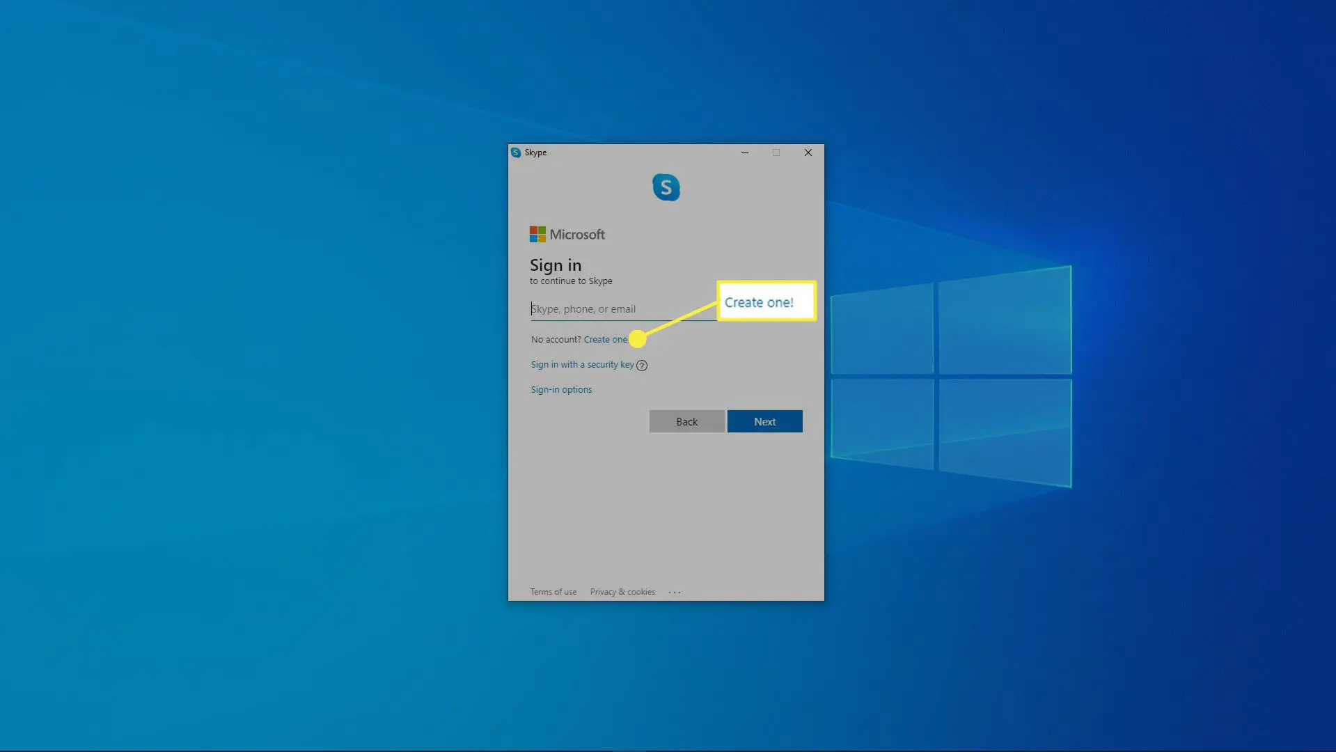 Uma captura de tela da tela de login do instalador do Skype.