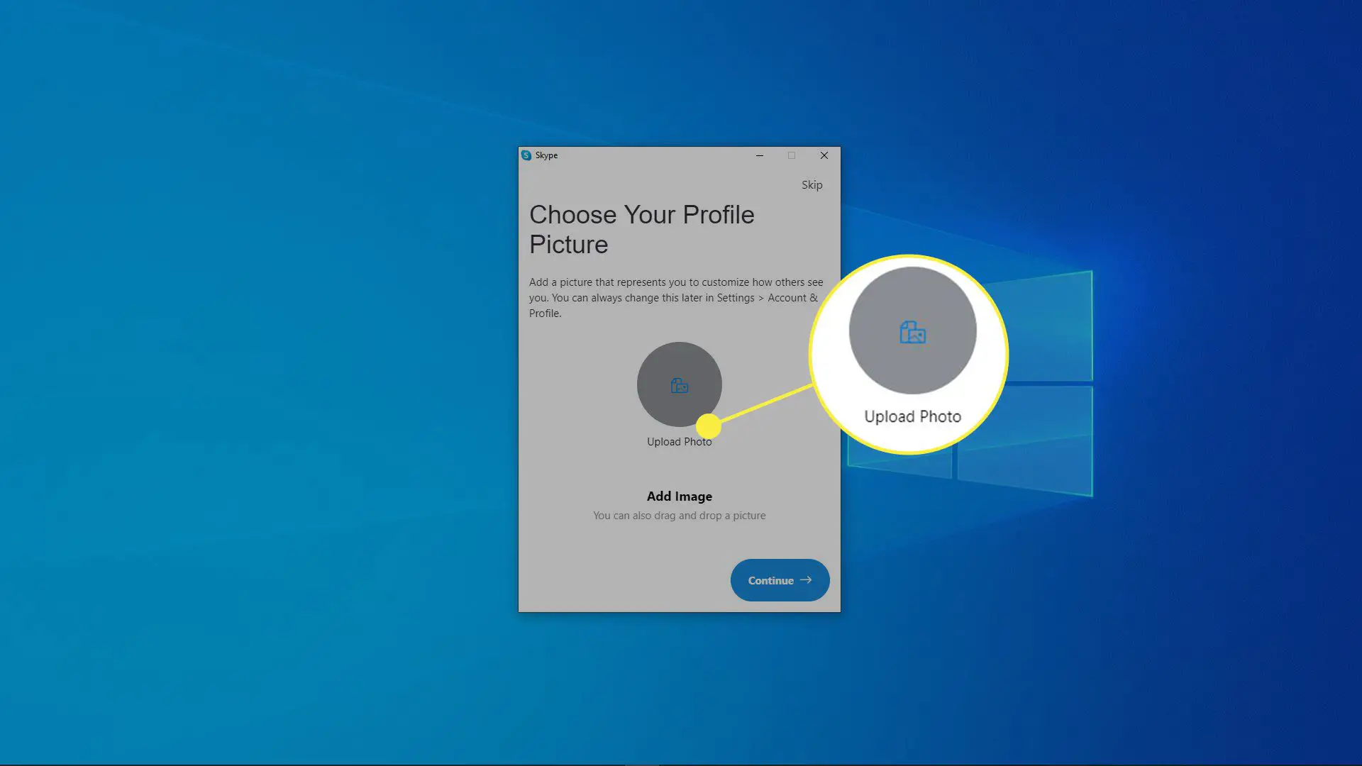 Uma captura de tela da seleção da foto do perfil do Skype.
