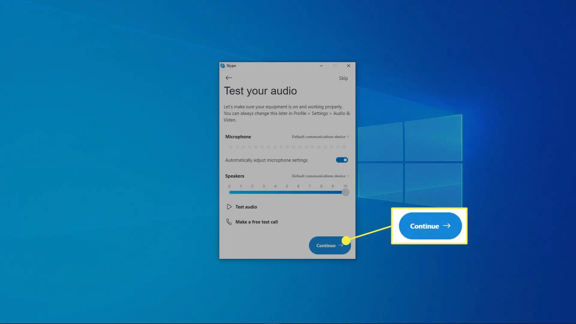Uma captura de tela do teste de áudio do Skype.