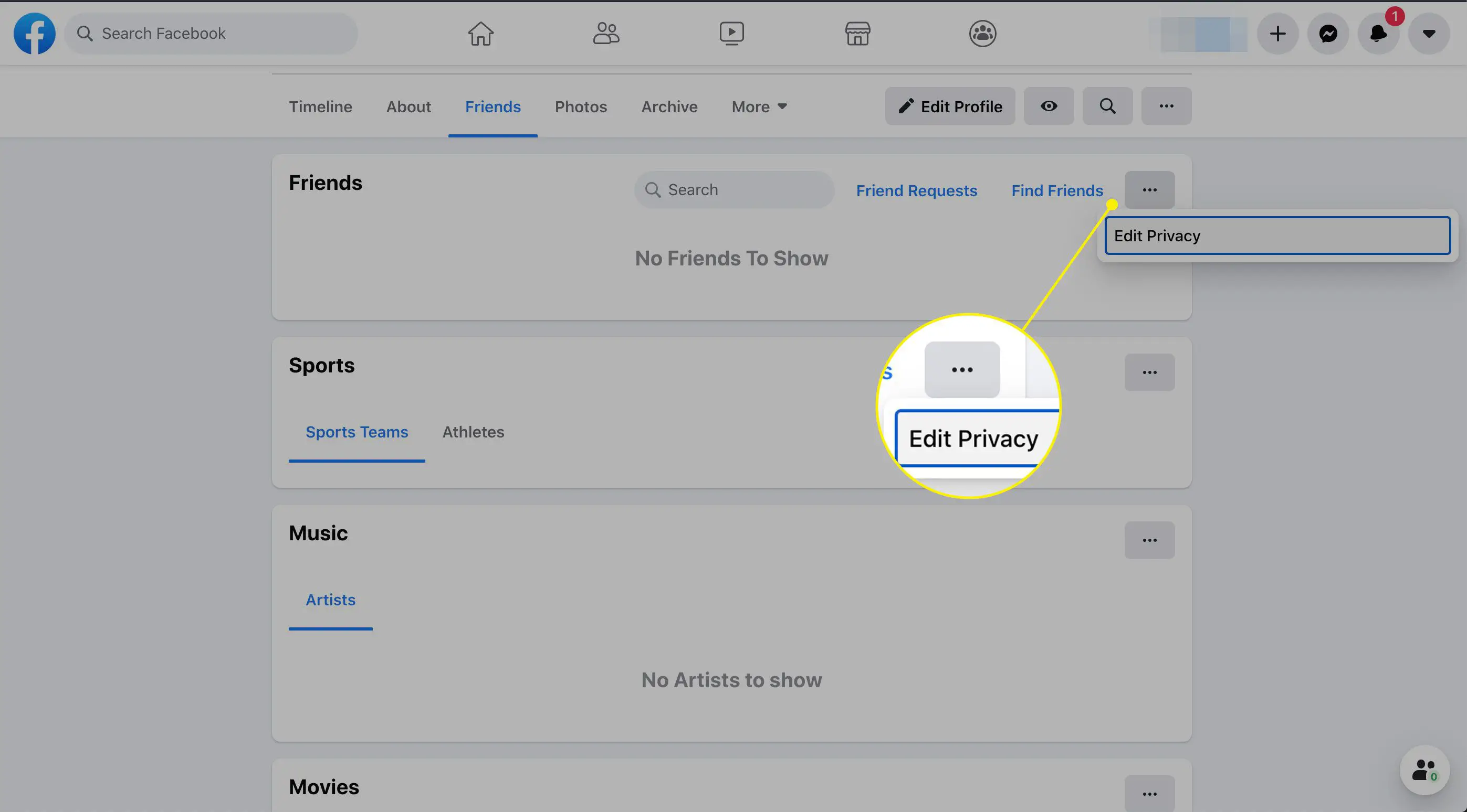 O botão Mais e o comando Editar Privacidade no Facebook