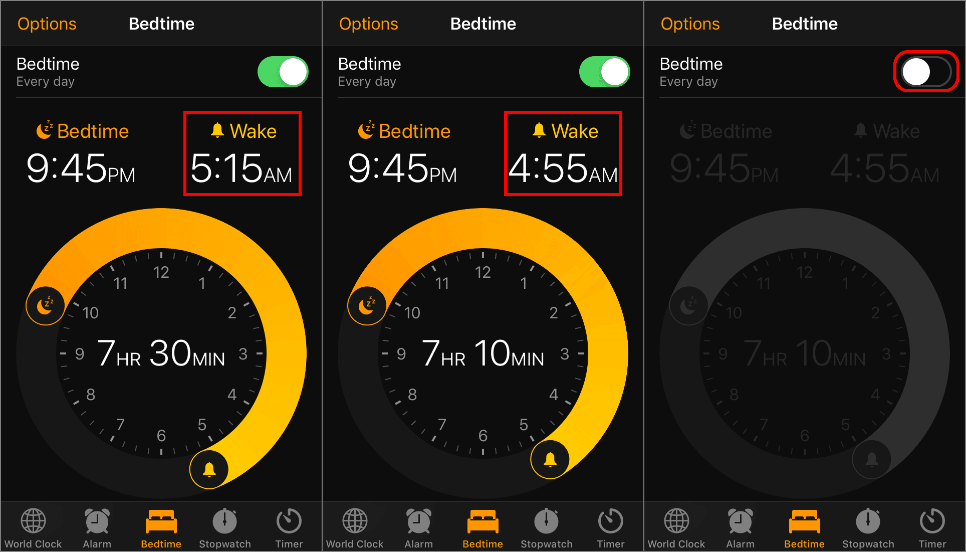 Capturas de tela das configurações de alarme do iPhone para o modo de hora de dormir