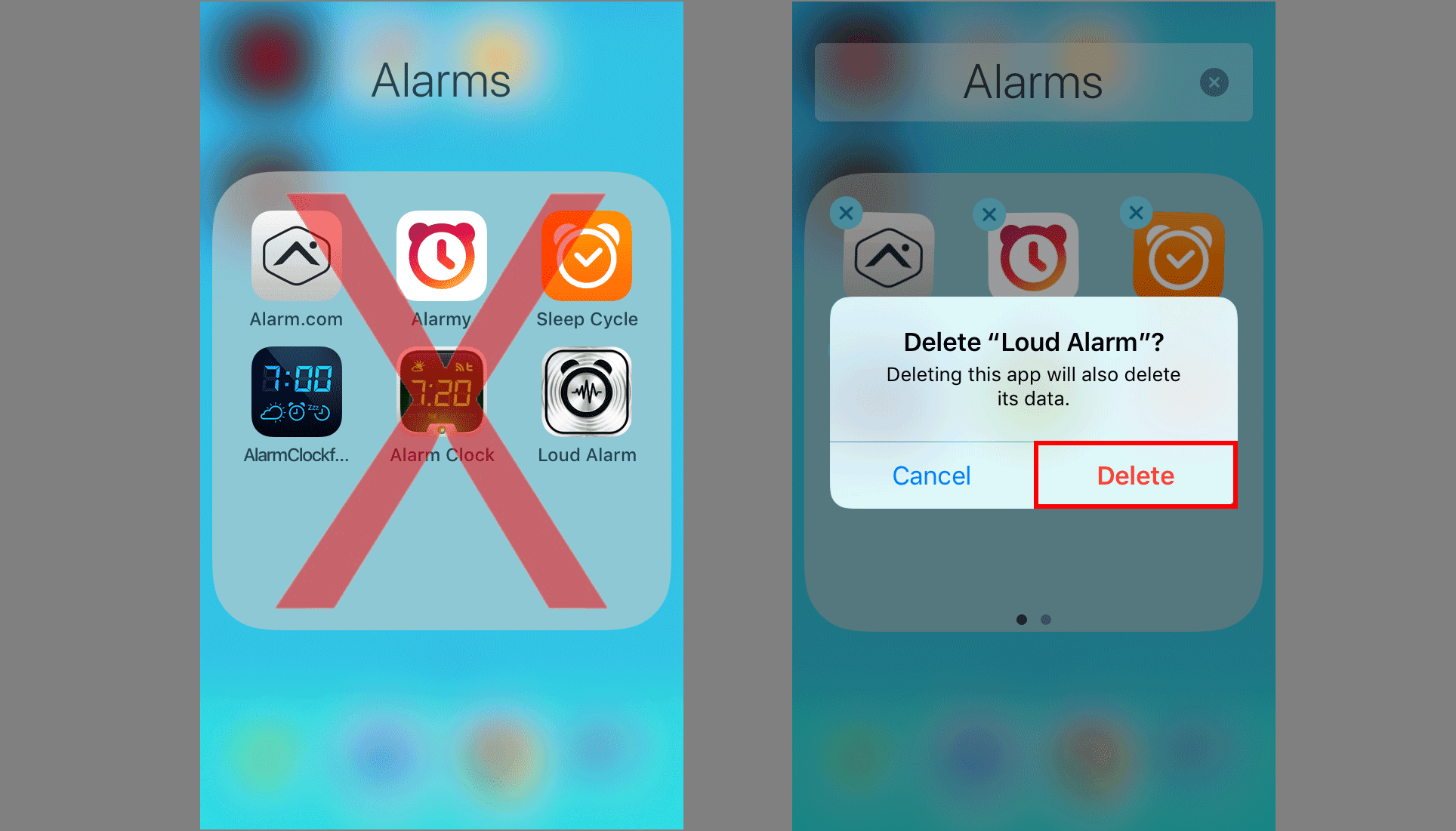 Capturas de tela mostrando como excluir um aplicativo de alarme do iPhone