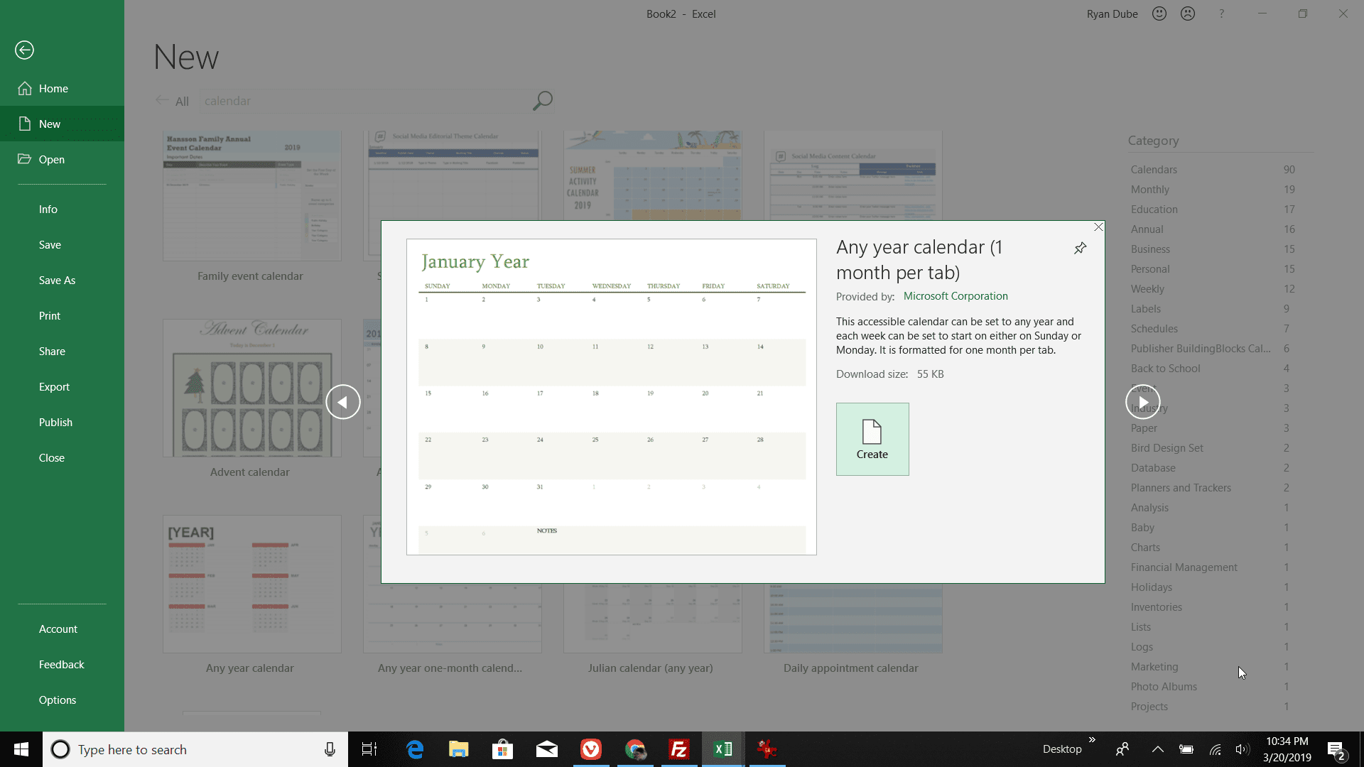 Captura de tela da seleção de um modelo de calendário no Excel