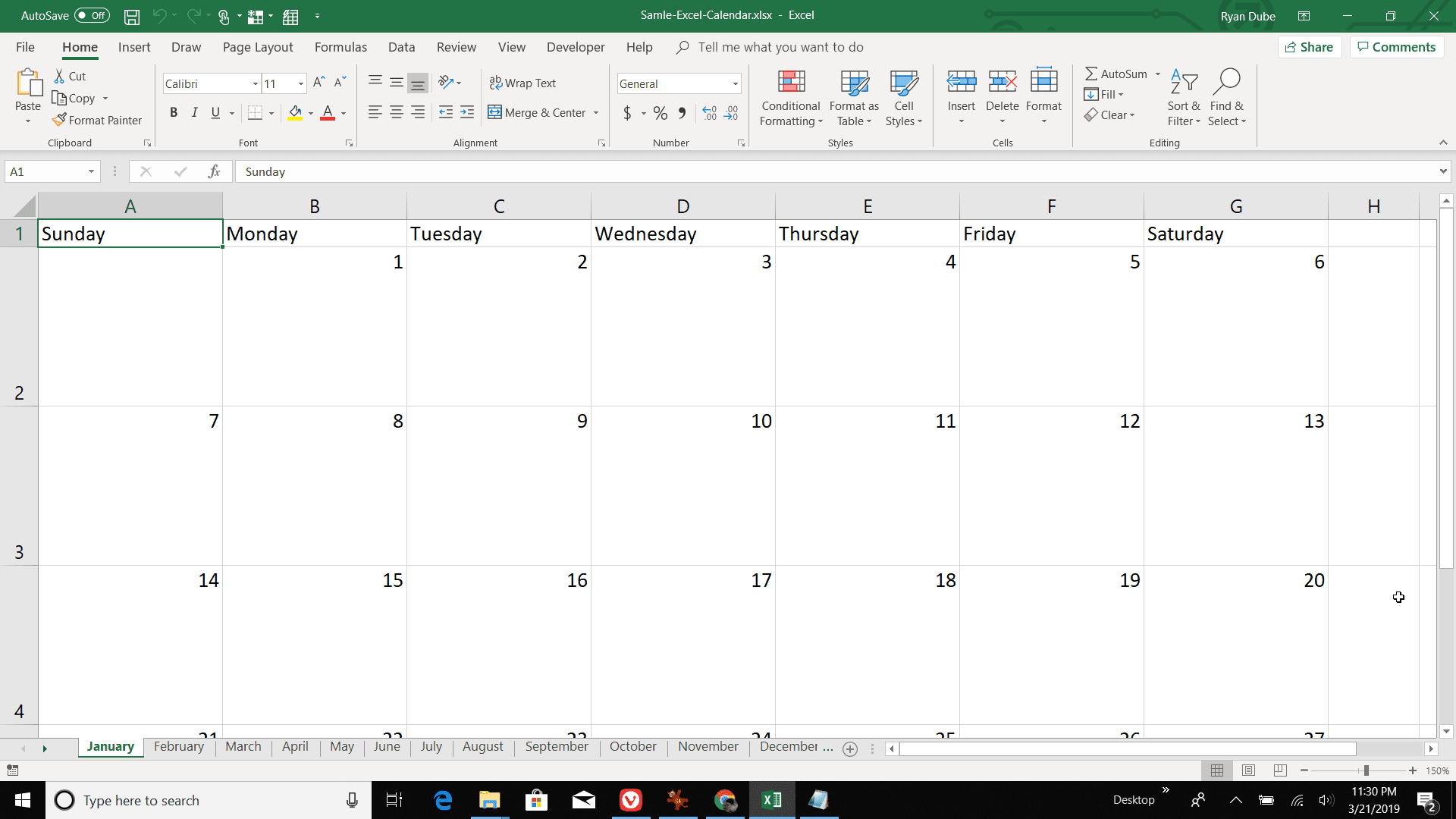 Captura de tela de adição de todos os meses ao calendário do Excel