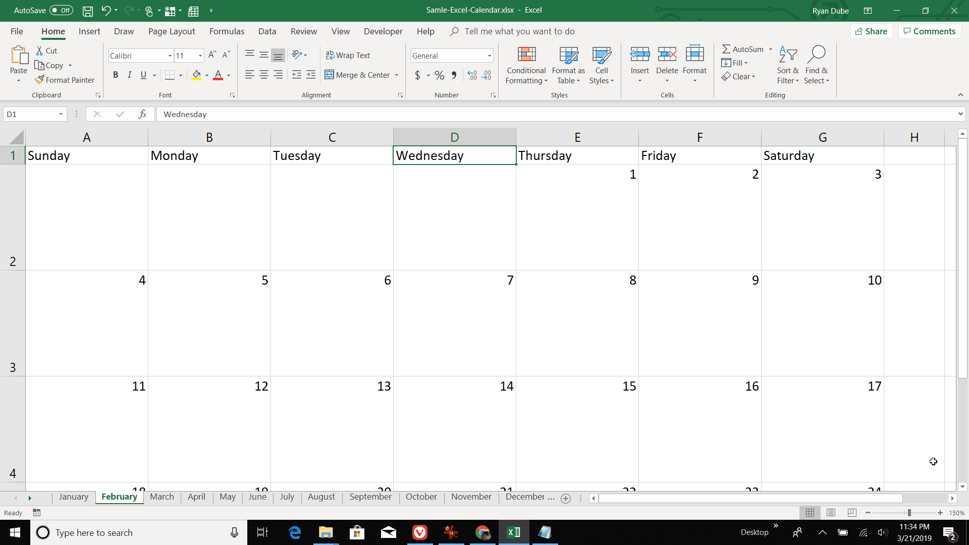 Captura de tela da numeração dos dias de fevereiro no Excel