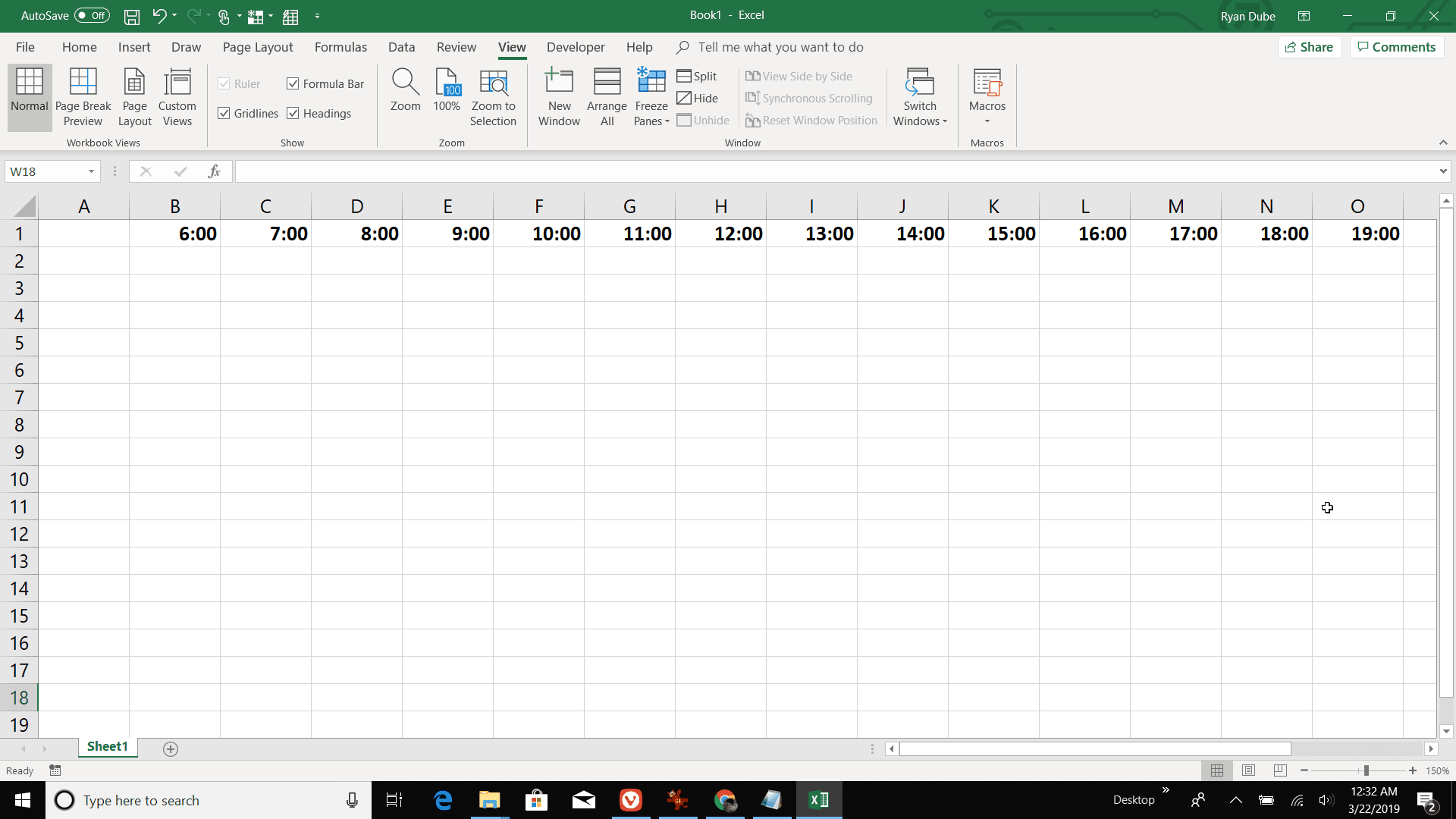 Captura de tela da criação de uma linha de cabeçalho por hora no Excel