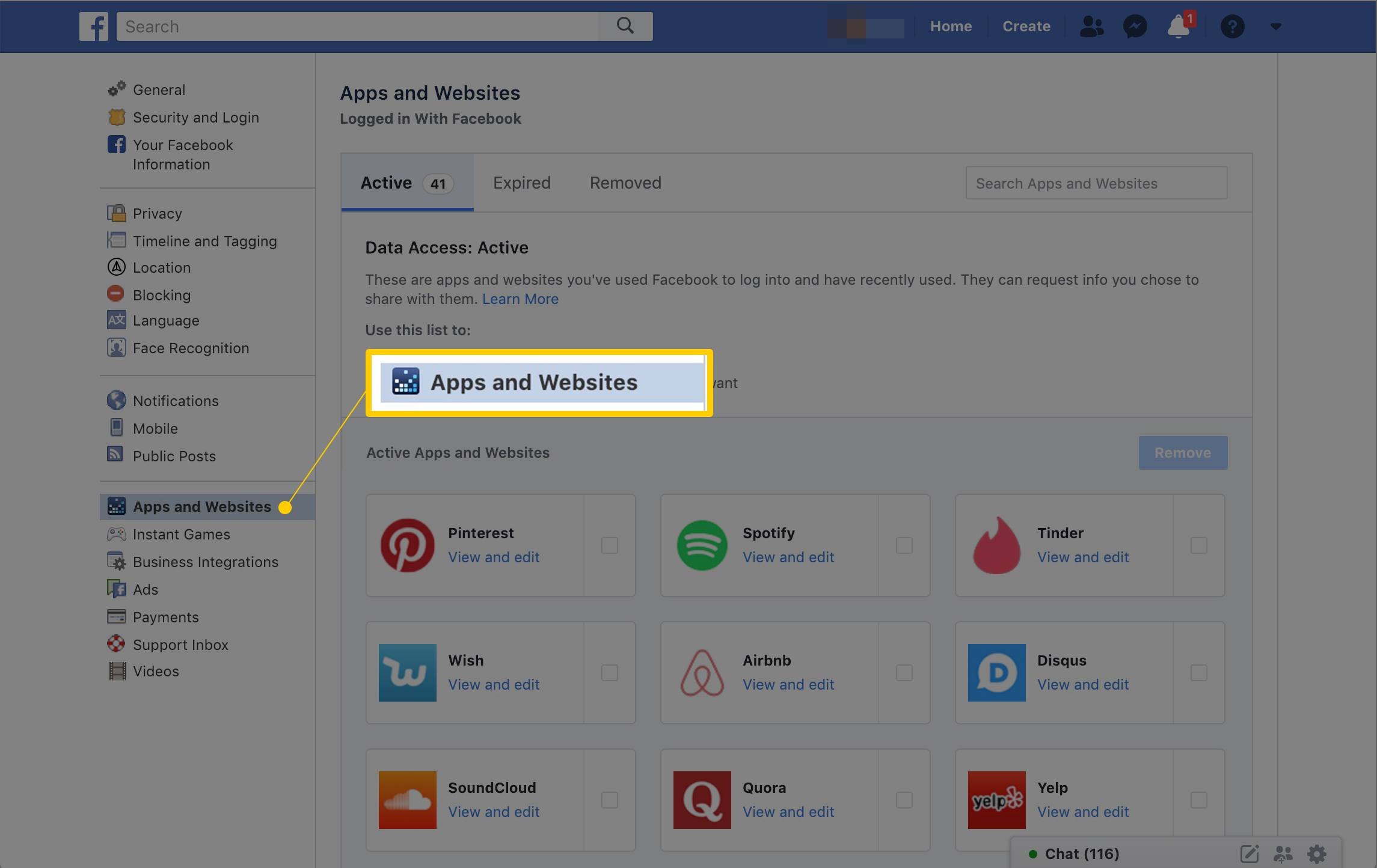 Guia Aplicativos e sites nas configurações do Facebook