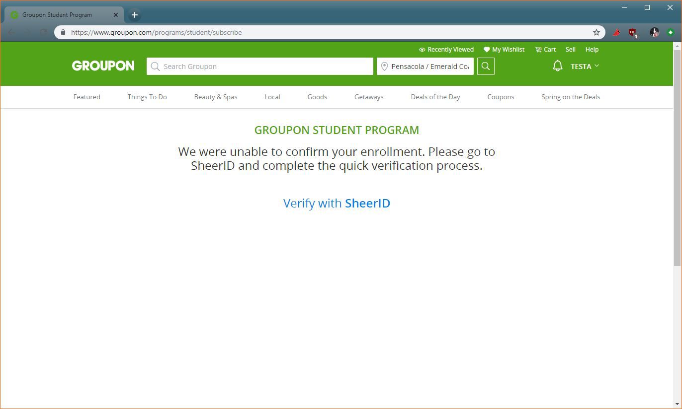 Uma captura de tela do processo de verificação de desconto para estudantes do Groupon.