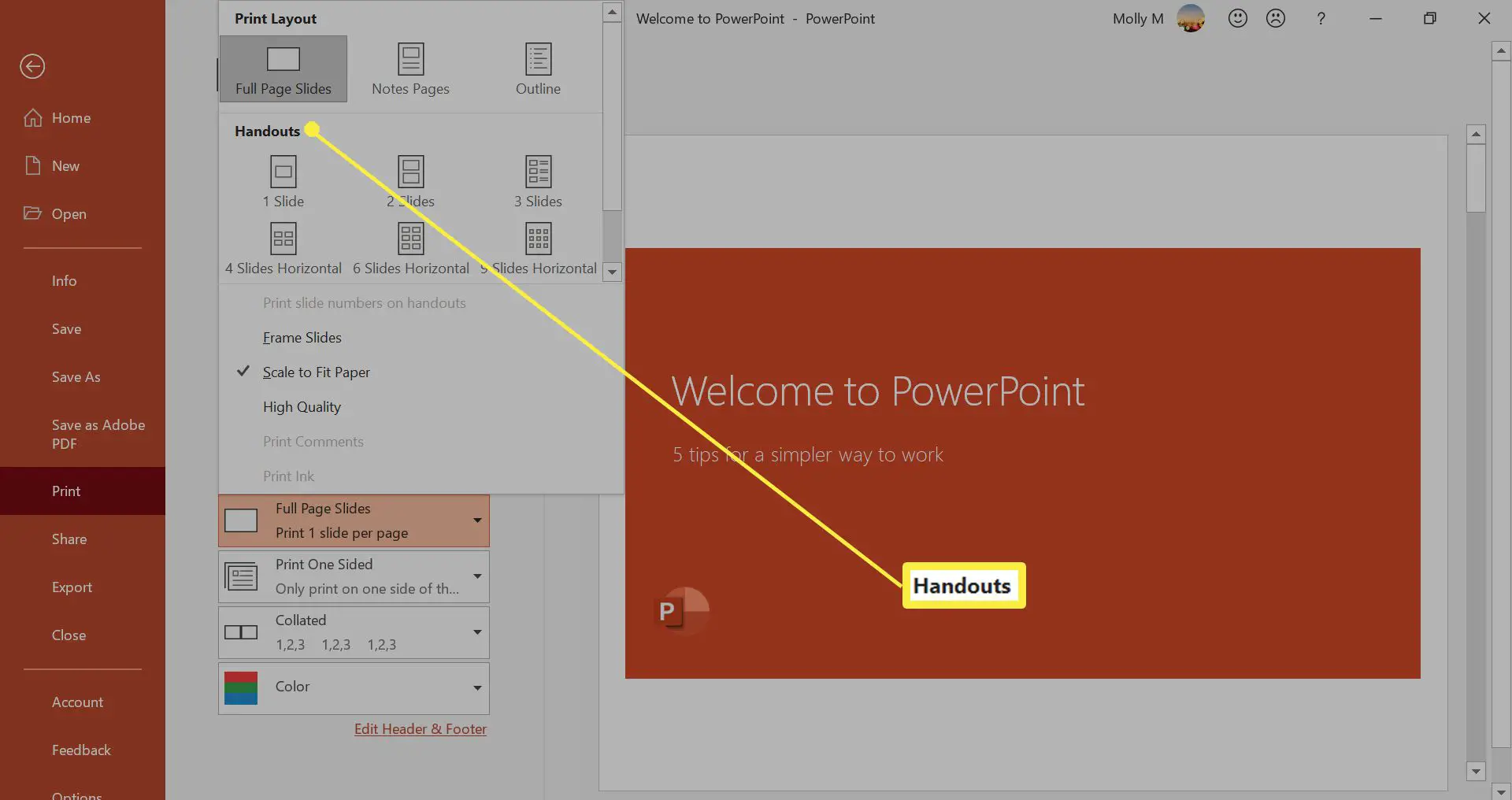 Acessando as configurações de impressão no PowerPoint.