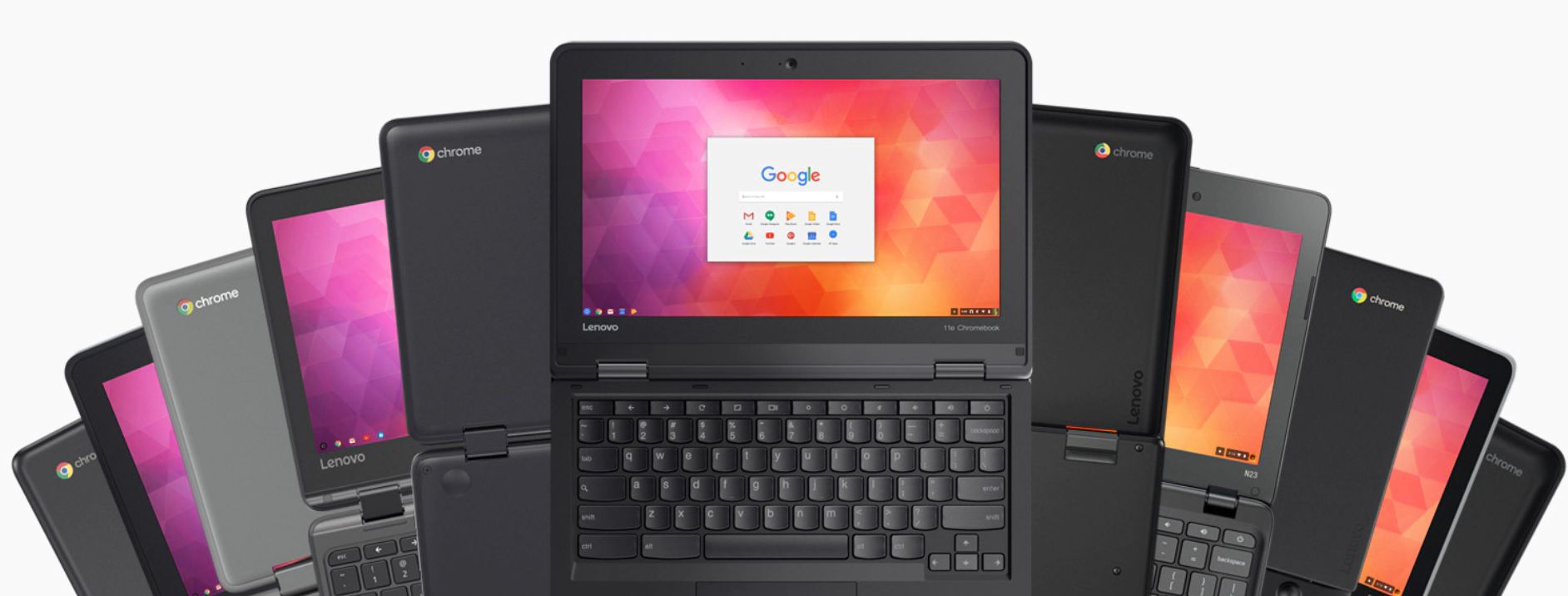 Chromebooks da Lenovo exibidos em uma visualização em leque.