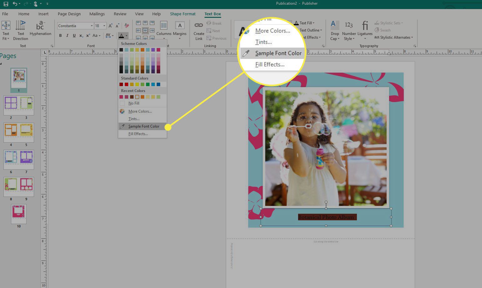 Uma captura de tela do Microsoft Publisher com o comando "Sample Font Color" destacado