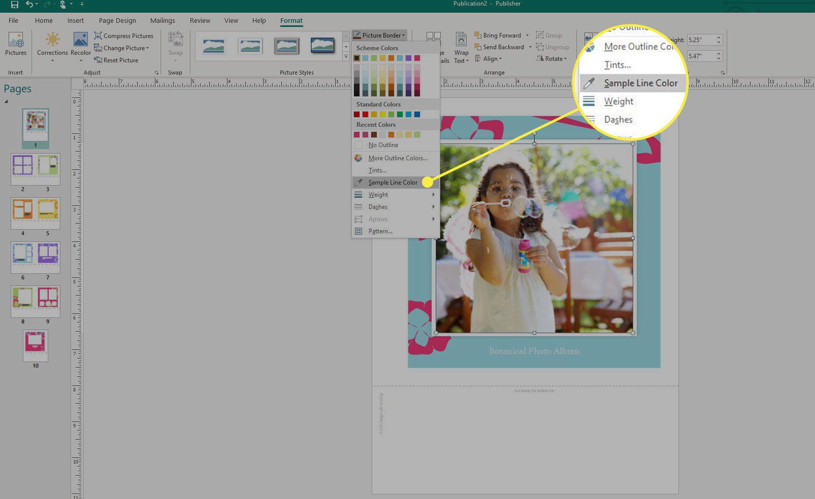 Uma captura de tela do MS Publisher com o comando Sample Line Color destacado