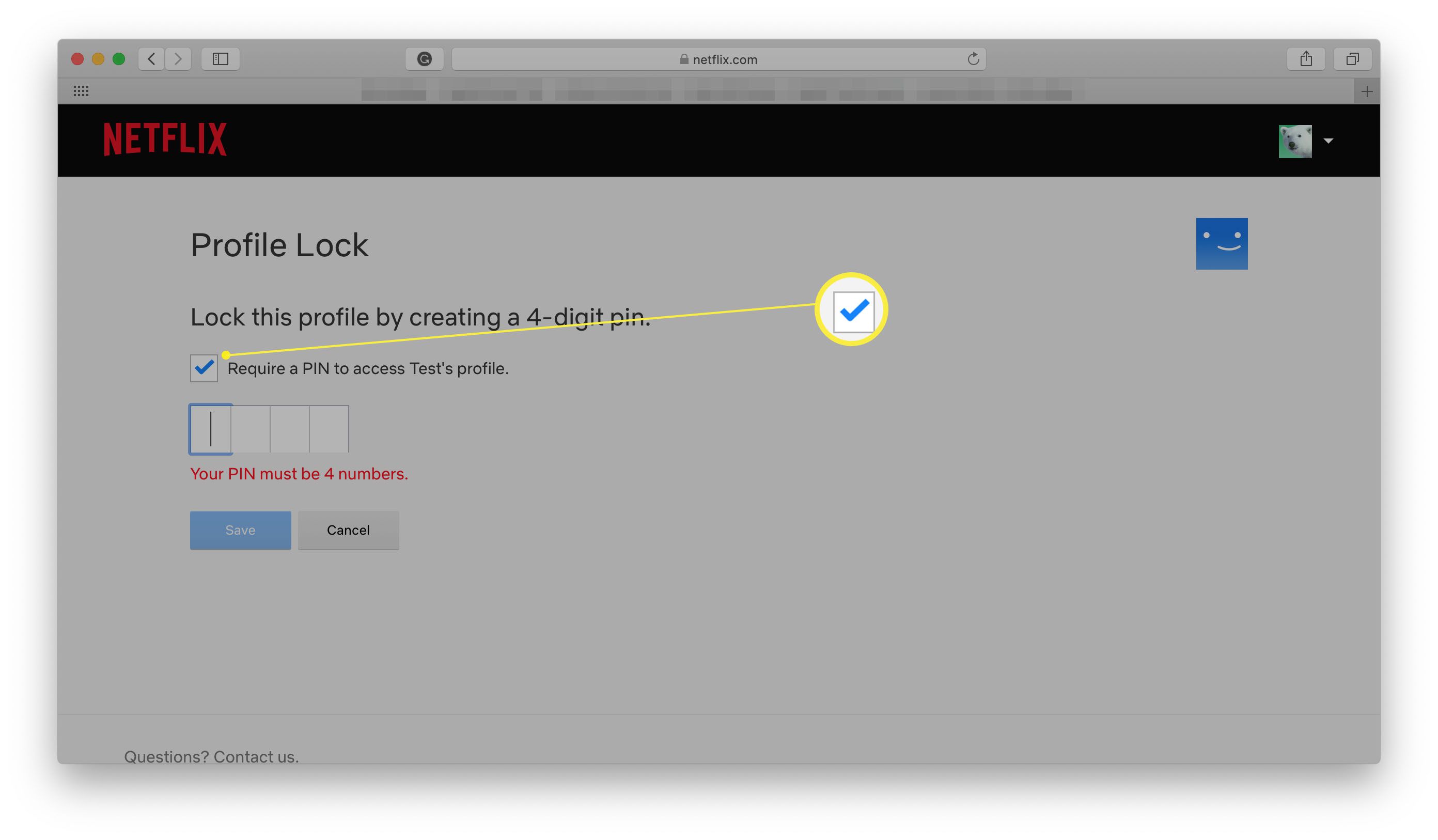 Caixa de diálogo de bloqueio do perfil Netflix com o botão para ativar um PIN destacado