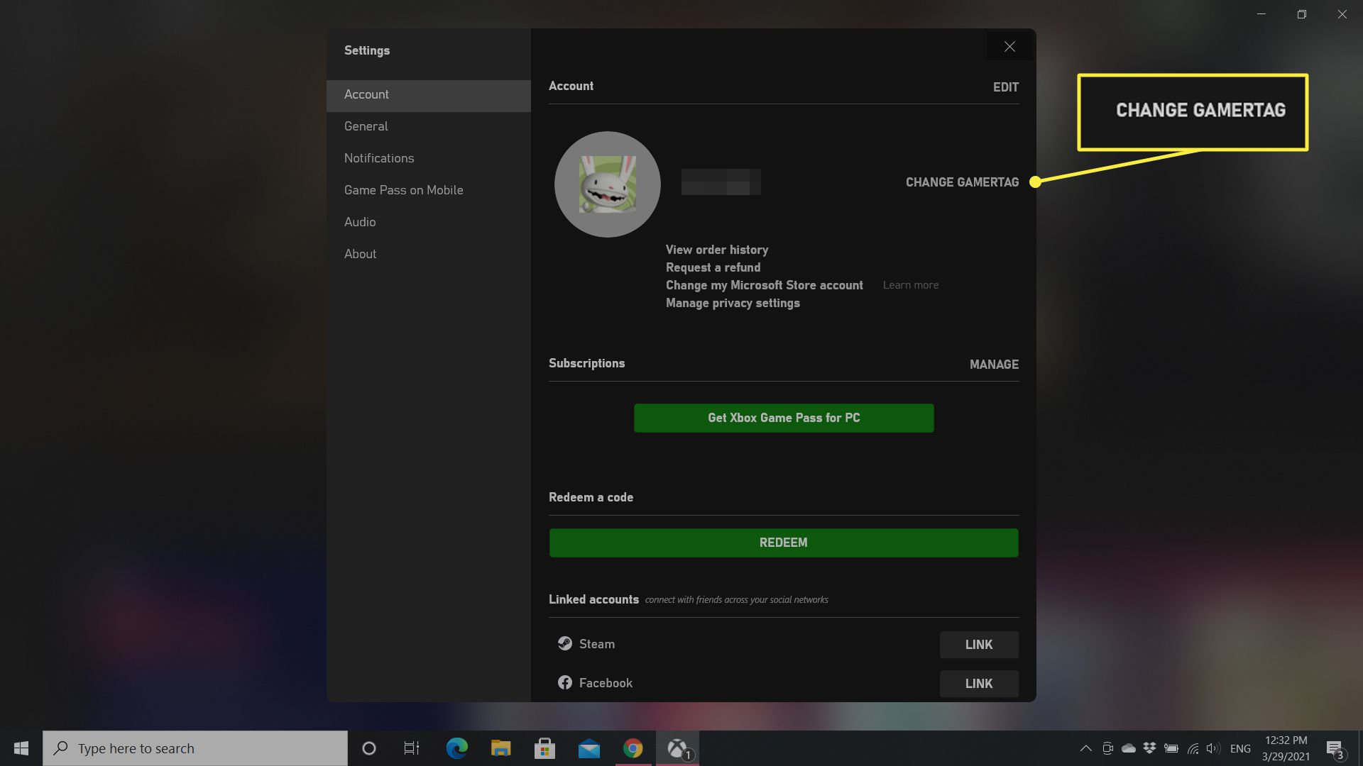 O perfil de uma pessoa no aplicativo Xbox para Windows 10 com a opção Alterar nome de jogador destacada