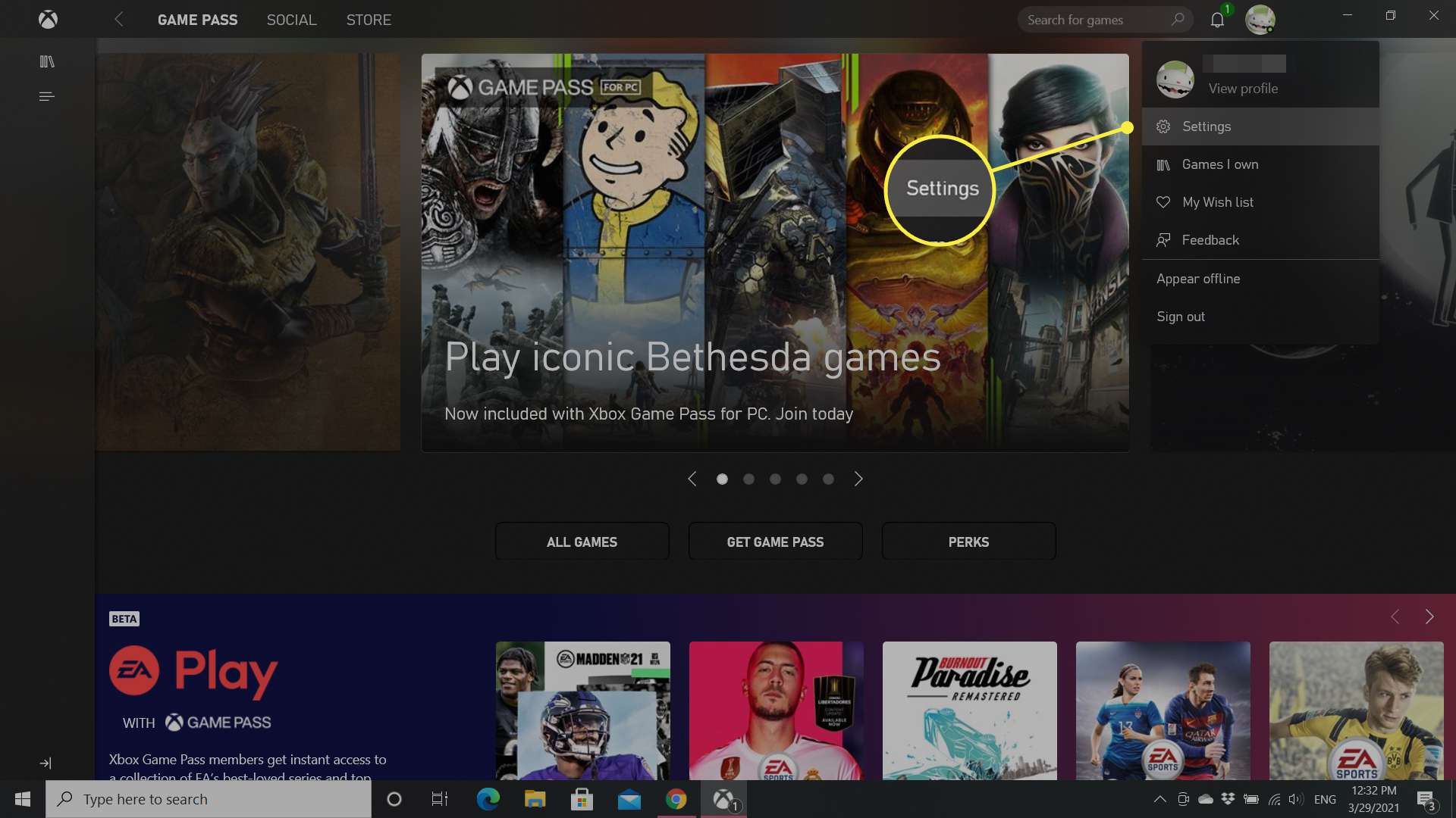 O aplicativo Xbox 10 do Windows com a opção Configurações destacada