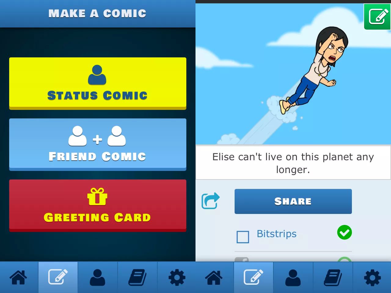 Faça uma tela de quadrinhos e compartilhe a tela para o aplicativo Bitstrips no iOS