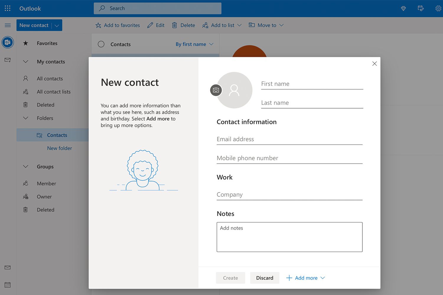 Nova tela de contato no aplicativo Pessoas do Outlook.com