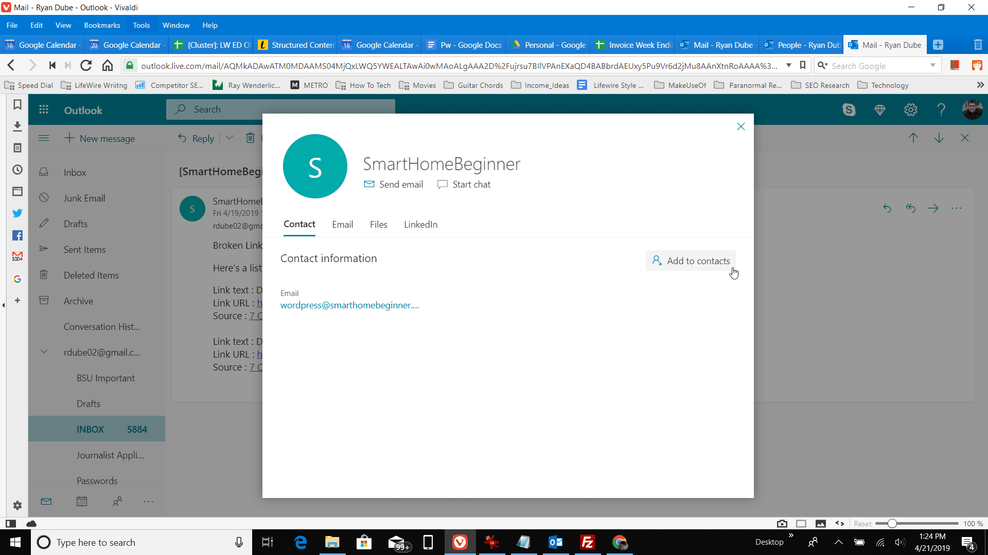 Captura de tela da janela de adição de contato no Outlook.com