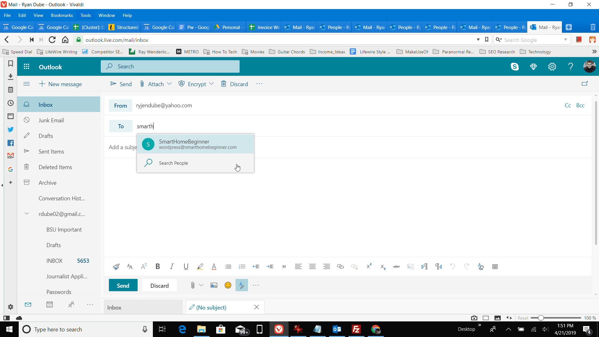 Captura de tela do uso do campo Para no Outlook.com para localizar contatos