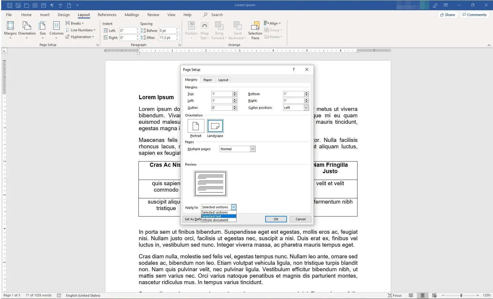 MS Word com caixa de diálogo Configurar página exibida