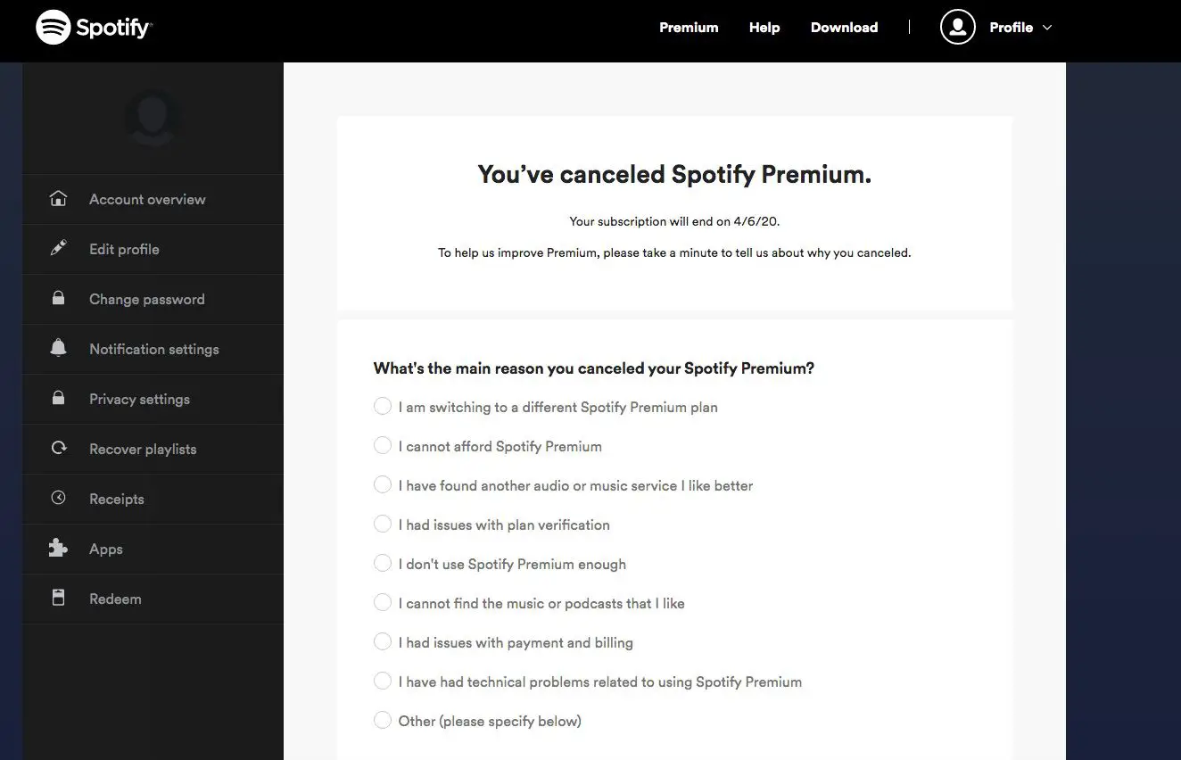 Mensagem de cancelamento do Spotify Premium