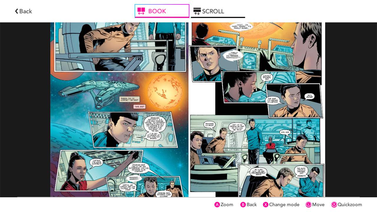Uma história em quadrinhos de Star Trek é exibida com um menu acima e abaixo da própria história em quadrinhos.