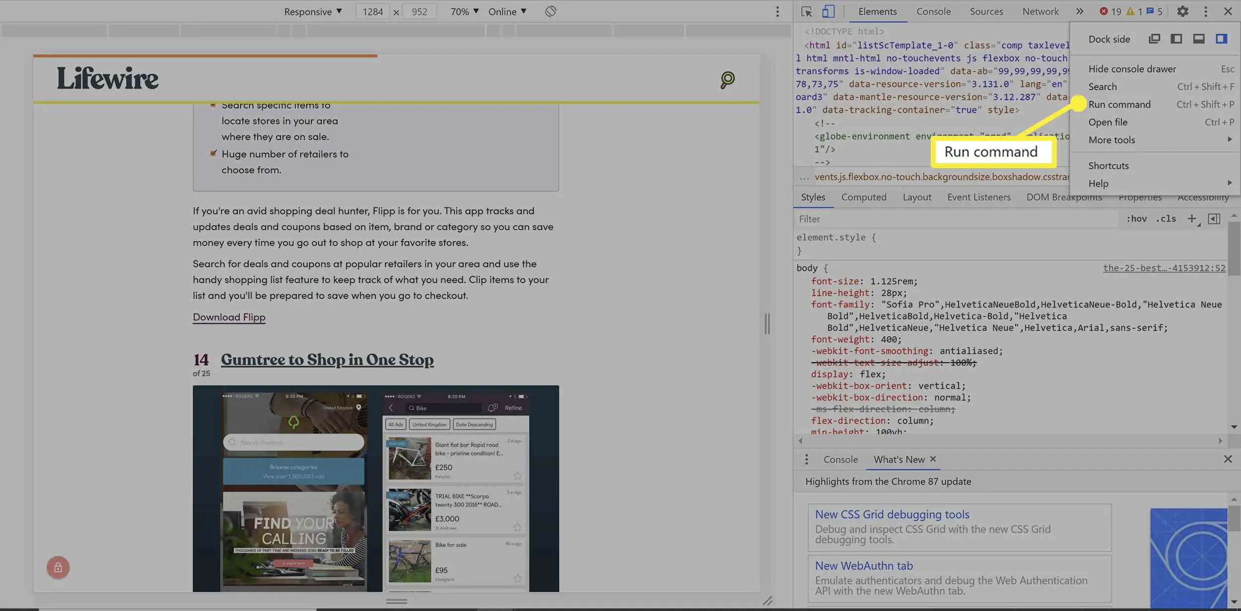 Opções de captura de tela nas ferramentas de desenvolvedor do Chrome.