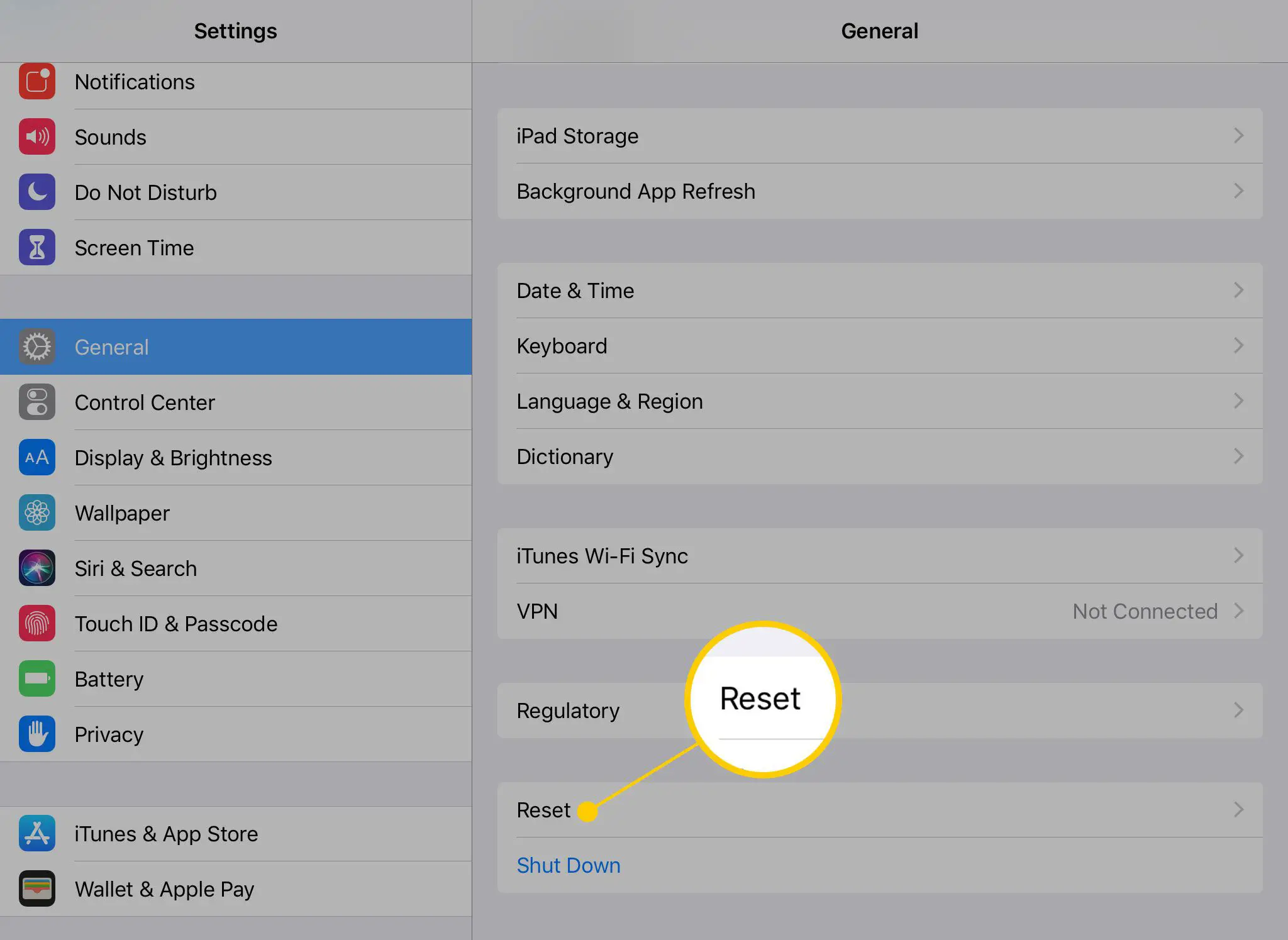 Opção de redefinição nas configurações gerais do iPad