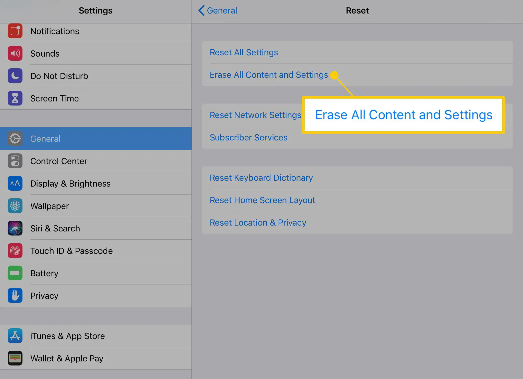 Apagar todo o conteúdo e opção de configurações em um iPad