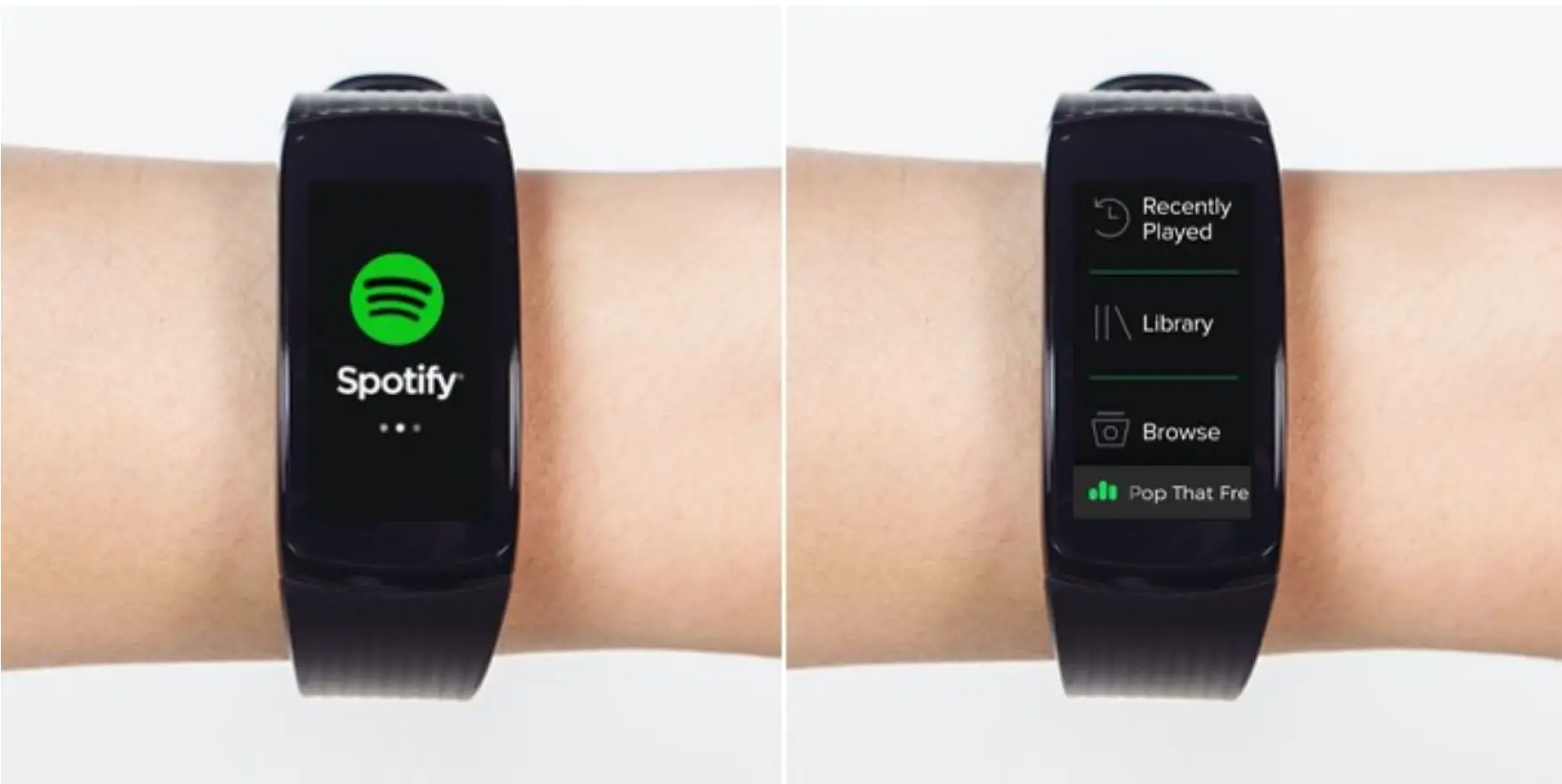 Dois relógios Gear Fit2 Pro nos pulsos lado a lado exibindo telas do Spotify