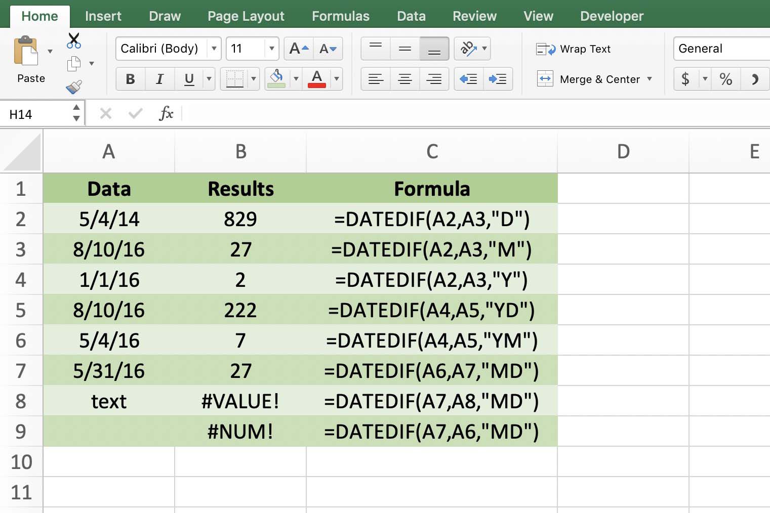 Captura de tela do Excel mostrando diferentes funções DATEDIF