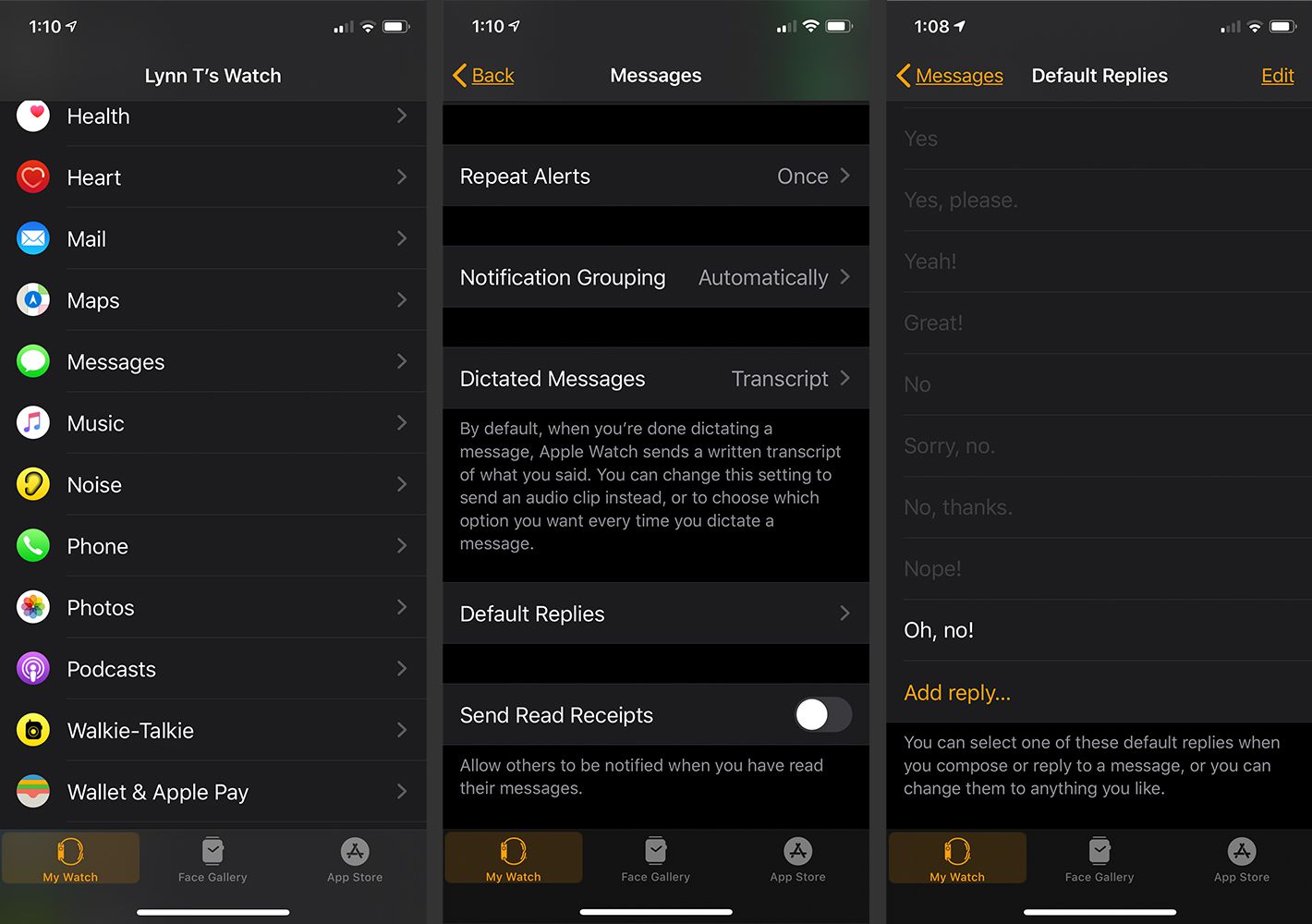Respostas padrão a mensagens no aplicativo Watch no iPhone