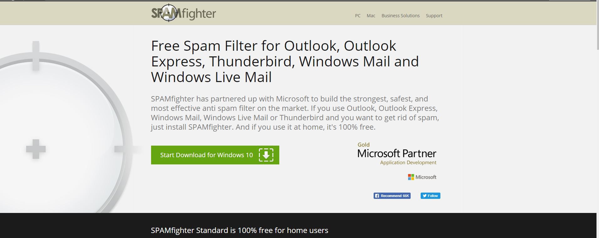 Captura de tela do suplemento anti-spam de SPAMfighter para Outlook