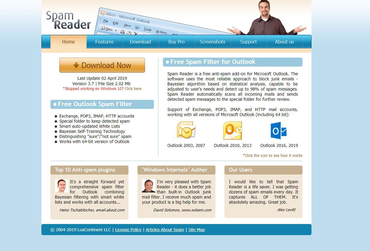 Captura de tela do suplemento anti-spam do Spam Reader para Outlook