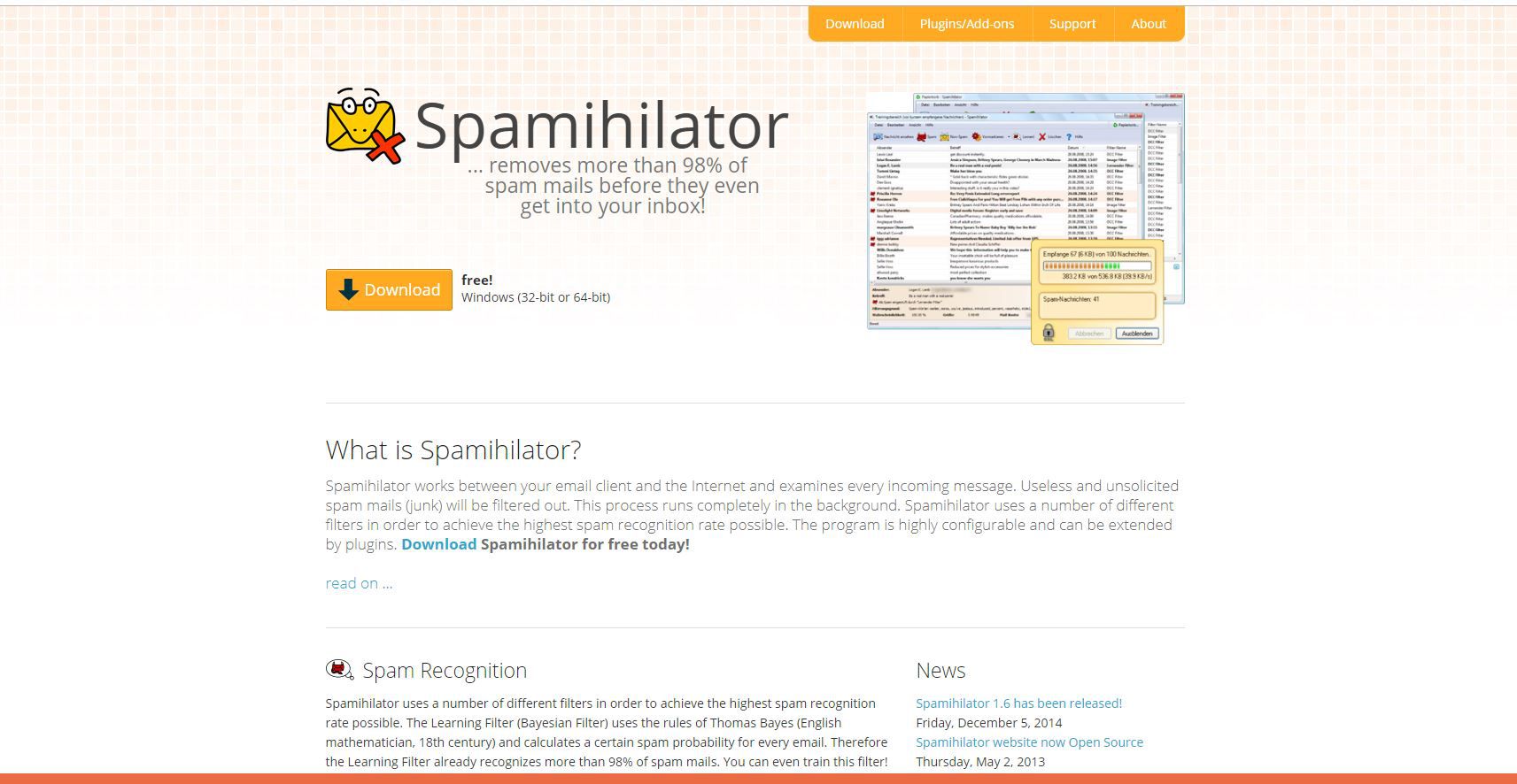 Captura de tela do suplemento anti-spam Spamihilator para Outlook