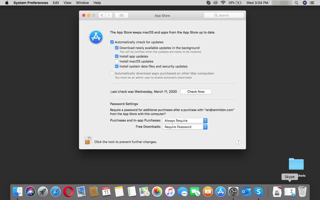 Configurações da App Store no macOS.
